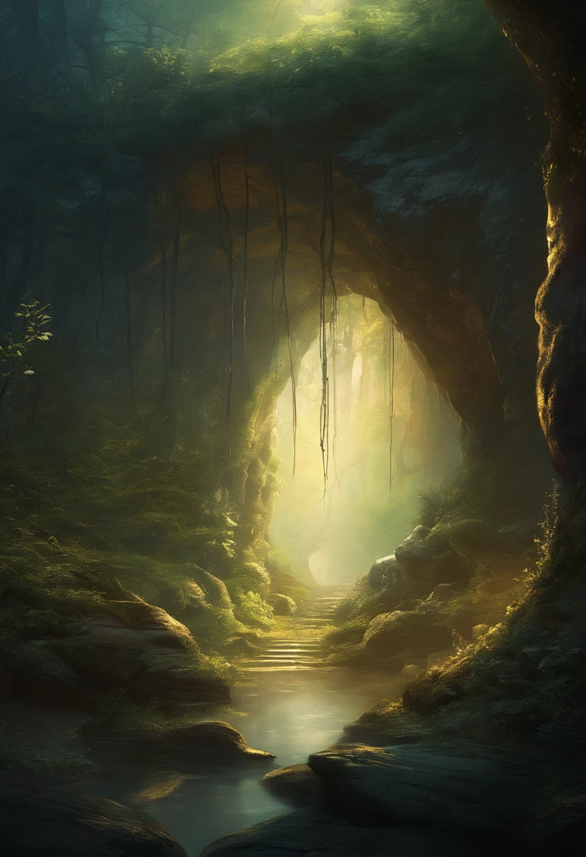 Dark, foreboding cave entrance deep in a forest around twilight. Inside, barely visible are hanging spider-webs. This should be spooky and ominous