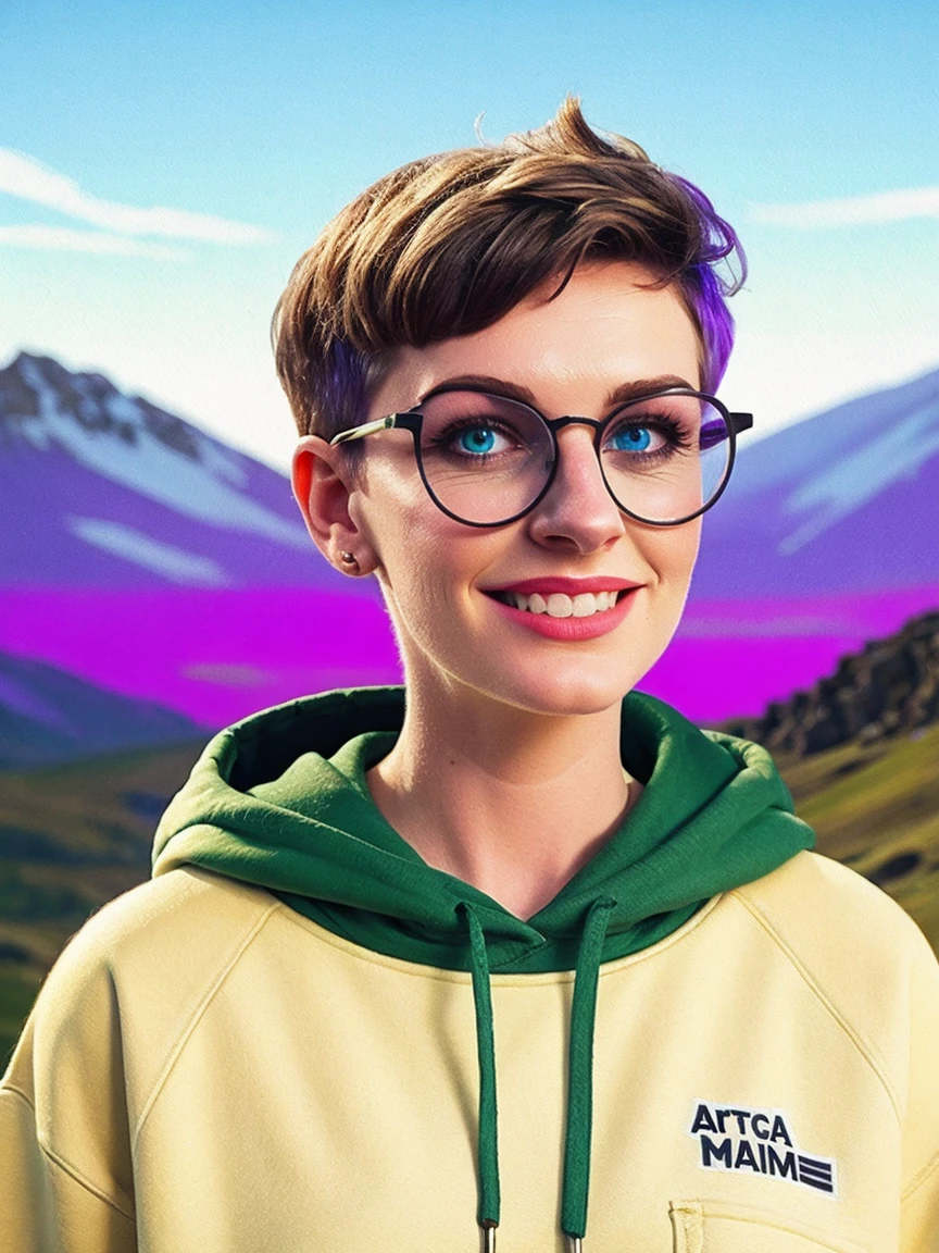 full body photo of ilya kuvshinov and annie leibowitz beautiful smiling [white swedish blonde] woman wearing [hoodie], rainbow circle-glasses, [short hair, (((pixie cut)))], azure eyes,snow covered mountain landscape background. synthwave watercolor on canvas trends artstation dramatic lighting abstract expressionism pastel tones (HD) golden ratio detail aesthetics octane rendering excellent composition natural texture 8k oil painting masterpiece Canon eos r4s 50