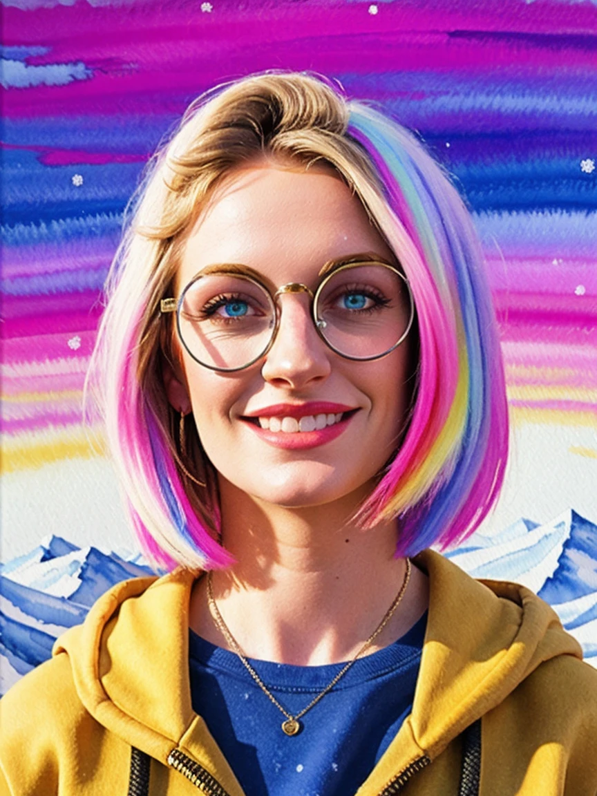 full body photo of ilya kuvshinov and annie leibowitz beautiful smiling [white swedish blonde] woman wearing [hoodie], rainbow circle-glasses, [short hair, (((pixie cut)))], azure eyes,snow covered mountain landscape background. synthwave watercolor on canvas trends artstation dramatic lighting abstract expressionism pastel tones (HD) golden ratio detail aesthetics octane rendering excellent composition natural texture 8k oil painting masterpiece Canon eos r4s 50