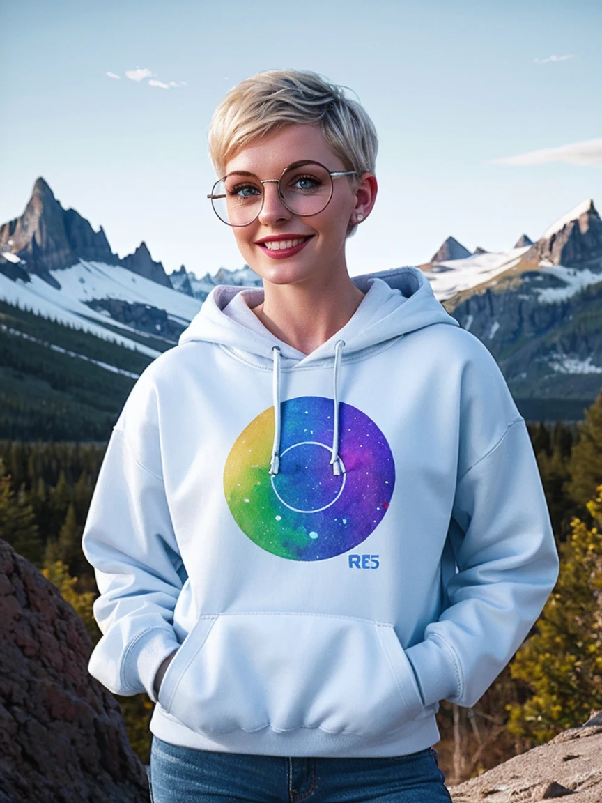 full body photo of ilya kuvshinov and annie leibowitz beautiful smiling [white swedish blonde] woman wearing [hoodie], rainbow circle-glasses, [short hair, (((pixie cut)))], azure eyes,snow covered mountain landscape background. synthwave watercolor on canvas trends artstation dramatic lighting abstract expressionism pastel tones (HD) golden ratio detail aesthetics octane rendering excellent composition natural texture 8k oil painting masterpiece Canon eos r4s 50