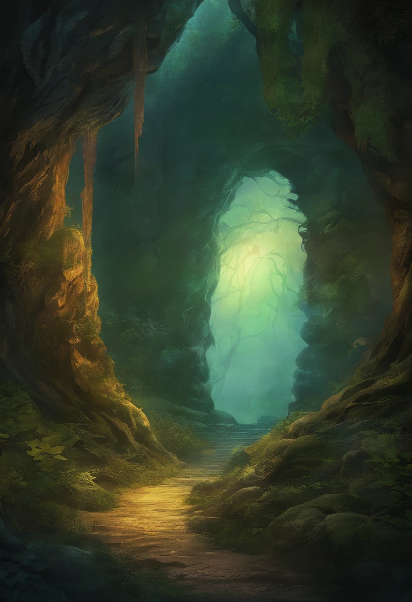 Dark, foreboding cave entrance deep in a forest. It is near twilight, and the POV is from the outside of the cave looking towards the entrance. there should be no light insight, and barely visibile spider-webs. This should be scary, ominous, dangerous.