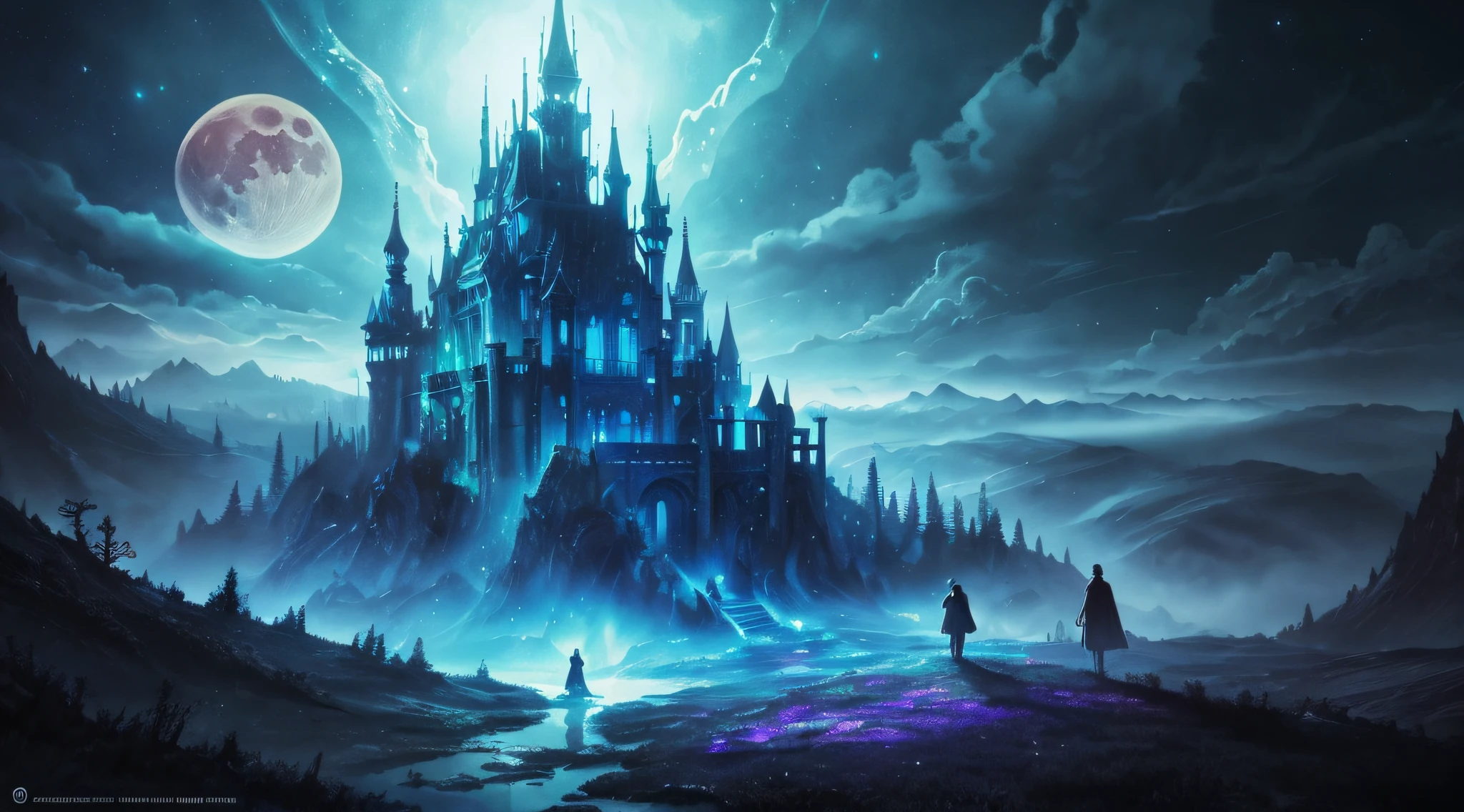 Lost Land of otherworldly dreams, by alex1shved, fantasy, magic, watercolor, ink, acrylic, double exposure, mythological, best quality, close-up cute ghosts, night, moon, fog, gloomy, art on a cracked paper, storybook detailed illustration, cinematic, ultra highly detailed, tiny details, beautiful details, mystical, luminism, vibrant colors by alex1shved