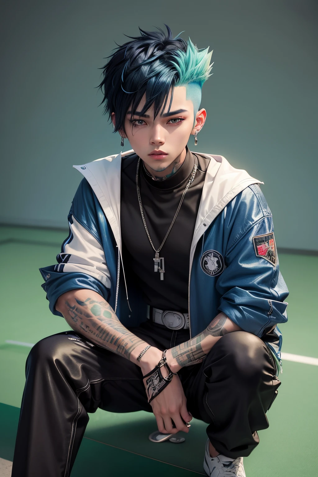 milhouse anime style black jacket anime hot boy with blue hair chibi style