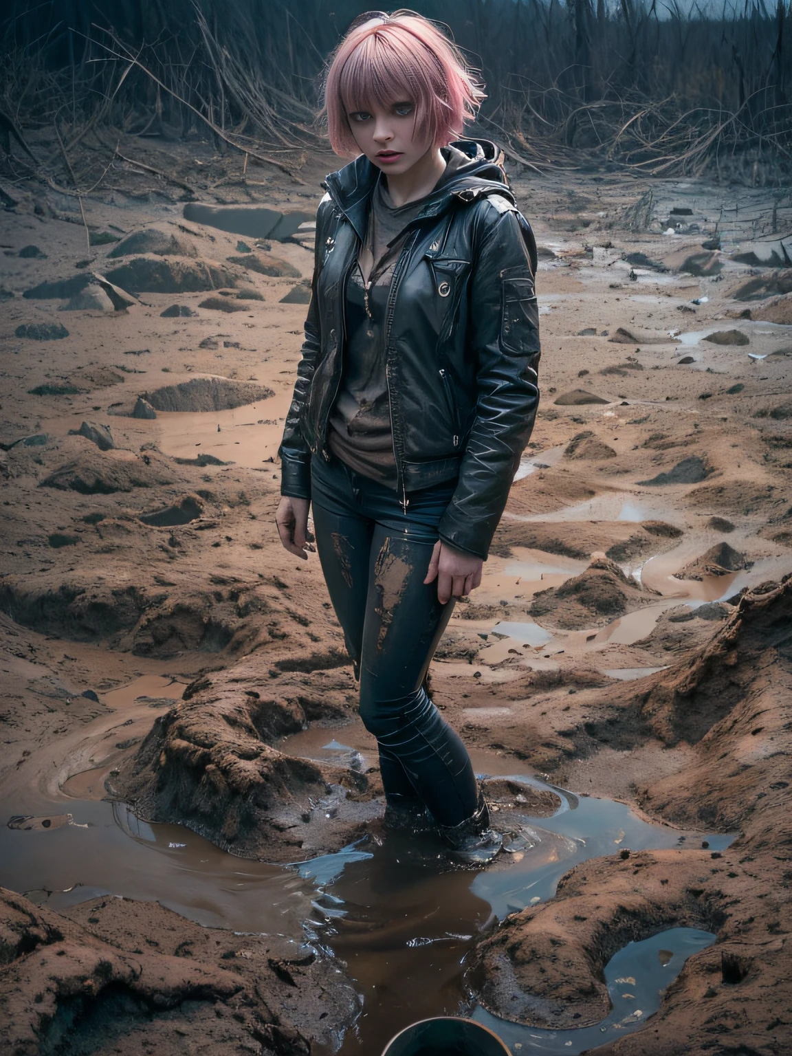 (Best Quality,hight resolution,Masterpiece, Overhead view:1.20),Ultra-detailed,Wide flares on jeans,sickly,drowning in a swamp, fetish, Posing, overcomes shame:1.3, (at the bottom of a mud pit:1.3),gloomy ecstasy,fetish,dark gloomy atmosphere,gritty texture,melancholic expression on his face,mysterious aura,foggy background,Subtle color palette,provocative pose,Strong emotions,Coming Out of the Depths of Despair,Piercing gaze,intense shadows,Plunged in Darkness,Rugged terrain,ominous vibe,A supernatural sensation,asymmetrical bangs, freckles, pink short hair, Bangs, freckles, gray eyes,