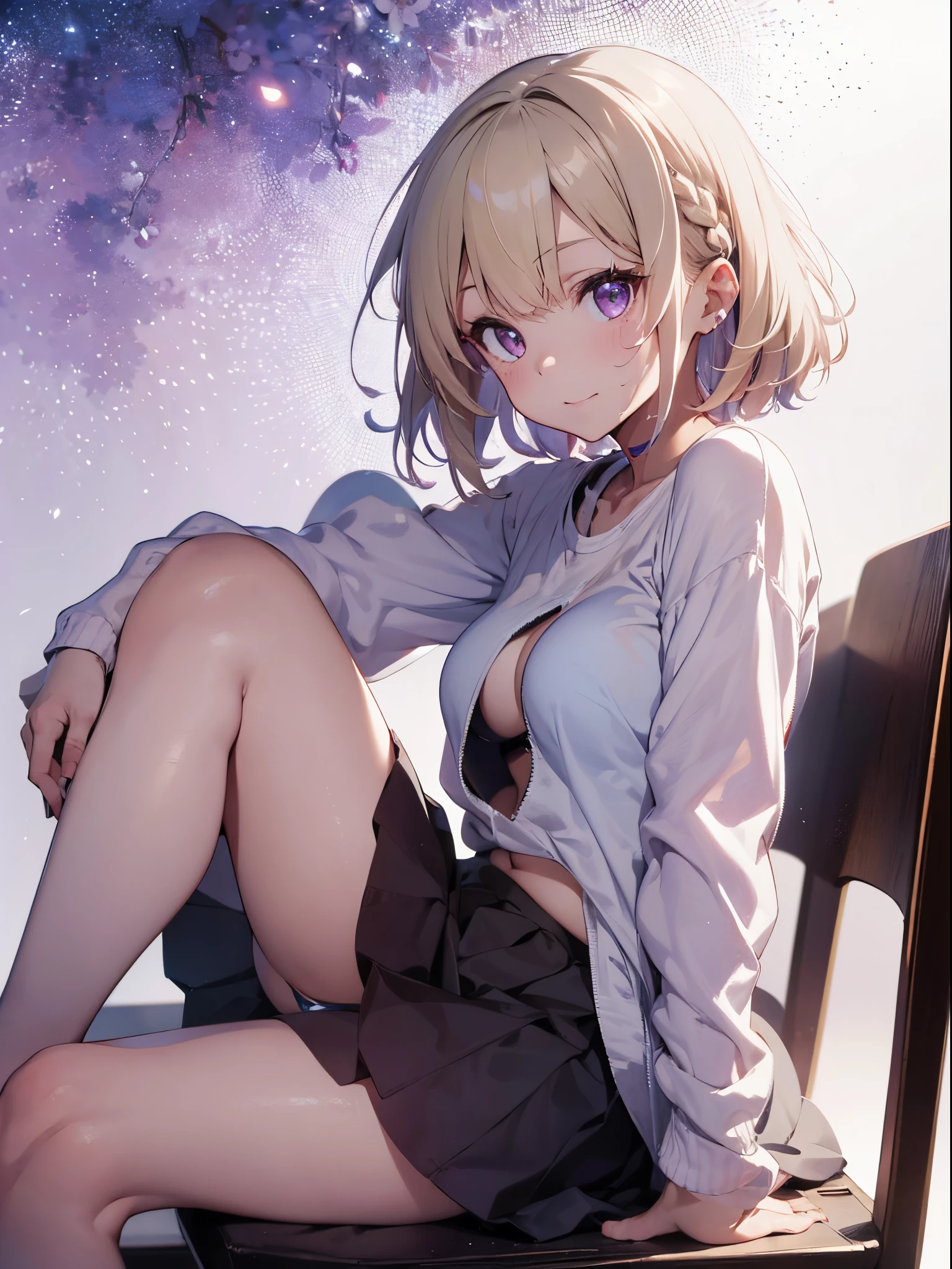 1 girl in, purple color hair、The purple-pink eyes that dreamers desire, (Blonde hair) , small stature, Colossal tits, Lori, (masutepiece:1.2, Best Quality), (finely detailed beautiful eye: 1.2), (beautifull detailed face), (Best Illumination, extremely delicate and beautiful), ((Cinematic Light)), Dramatic light, (Pale white background:1.5), Short bob hair(1:3)、Ultra Contrast、Braid a little around the ears, 鎖骨, White long dress、Perfect Finger、only has 5 fingers、、Her pussy is visible through the white thong、Wet pants、You can see inside your underwear、full of sweat、mocking look、nffsw,Arms crossed、grab the arm、Shoot from below、The angle is as seen from below.、Best Quality、Large breasts、muscular pussy、sweaty pussy、Pubic hair,Hairs、high-level image quality、hightquality、8K,perfect hand、5 fingers、finger pin、Perfect Finger、T back、Naked、noise cut、bullet hand、Her hair color should have been a brighter purple.The skirt part is also carefully expressed...、Purple skirt、the skirt is floating in the wind、Dark purple panties、Pubic hair majority、god angle、Sitting on a chair、legs crossed、Cross your legs、Photographed from under the chair、a smile