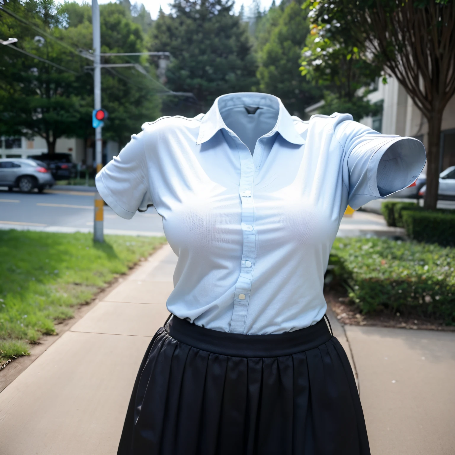 (chubby, fat), school uniform, (shirt is see-through:1.7), in summer, school tie, in university, (cute pose), (invisible, no humans, headless, faceless:1.5), (cute big breasts), (close-up shot of hip), (8k, RAW photo, best quality, masterpiece:1.2), (realistic, photo-realistic:1.37), photon mapping, radiosity, ((Hasselblad photography)), physically-based rendering