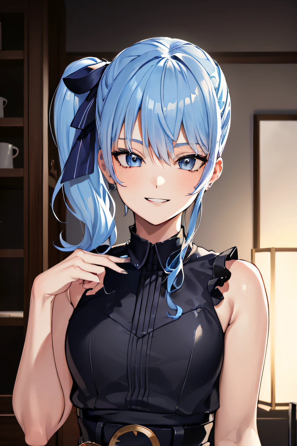 a 20 yo woman, blonde, (hi-top fade:1.3), dark theme, soothing tones, muted colors, high contrast, (natural skin texture, hyperrealism, soft light, sharp),((HoshimachiSuisei, side ponytail, blue hair ribbon, smile, teeth))