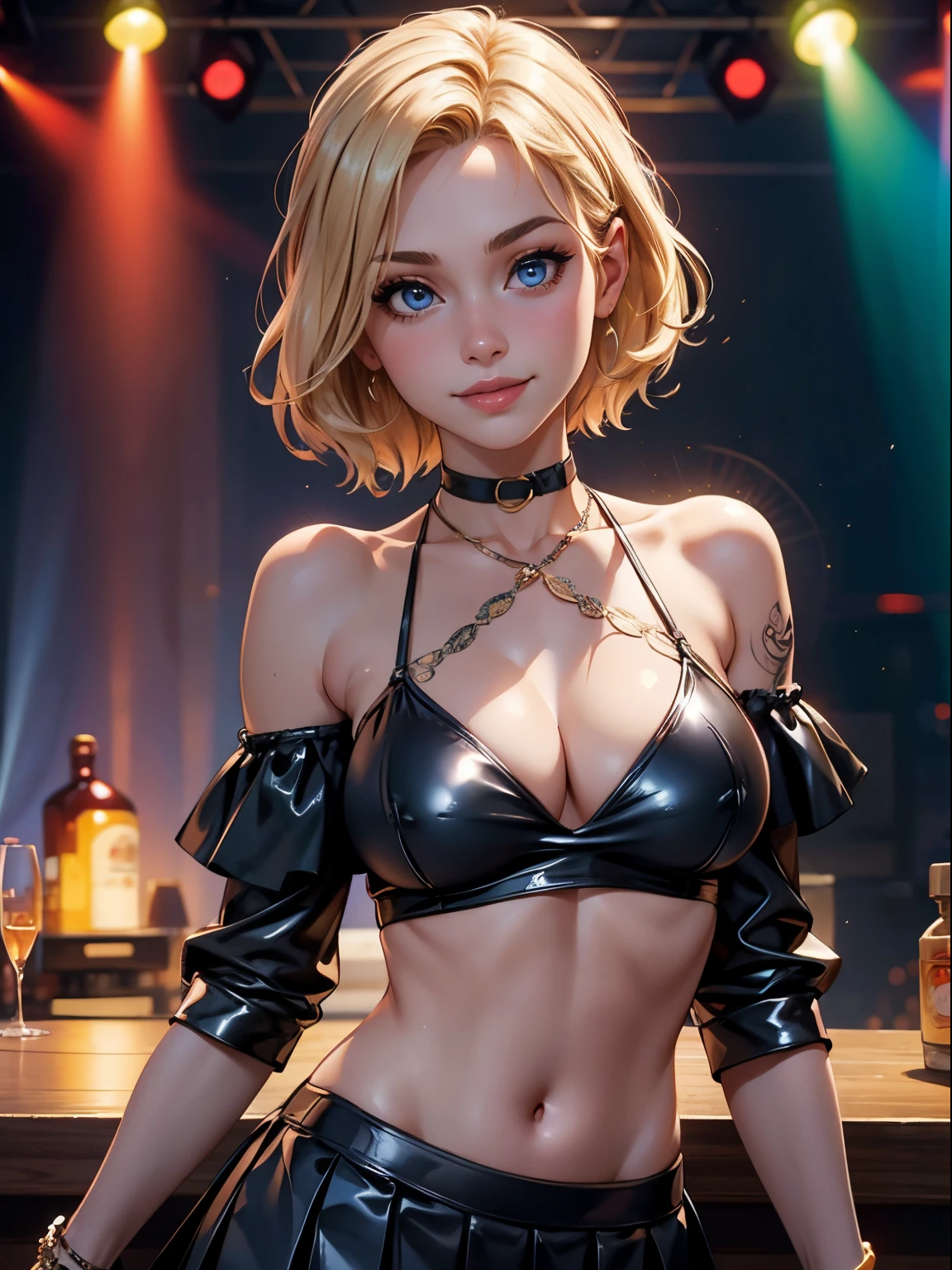 (best quality, masterpiece), 1girl, 25 years old english girl, blonde hair, cleavage, tattoos, dark blue eyes, intricate details, off shoulder, skintight latex halter top, short skirt, pleated skirt, toned midriff, disco_outfit, hooker, choker, looking at viewer, seductive smile, inviting smile, party_girl, upper body, detailed nightclub background, discotheque, foreground, contrapposto