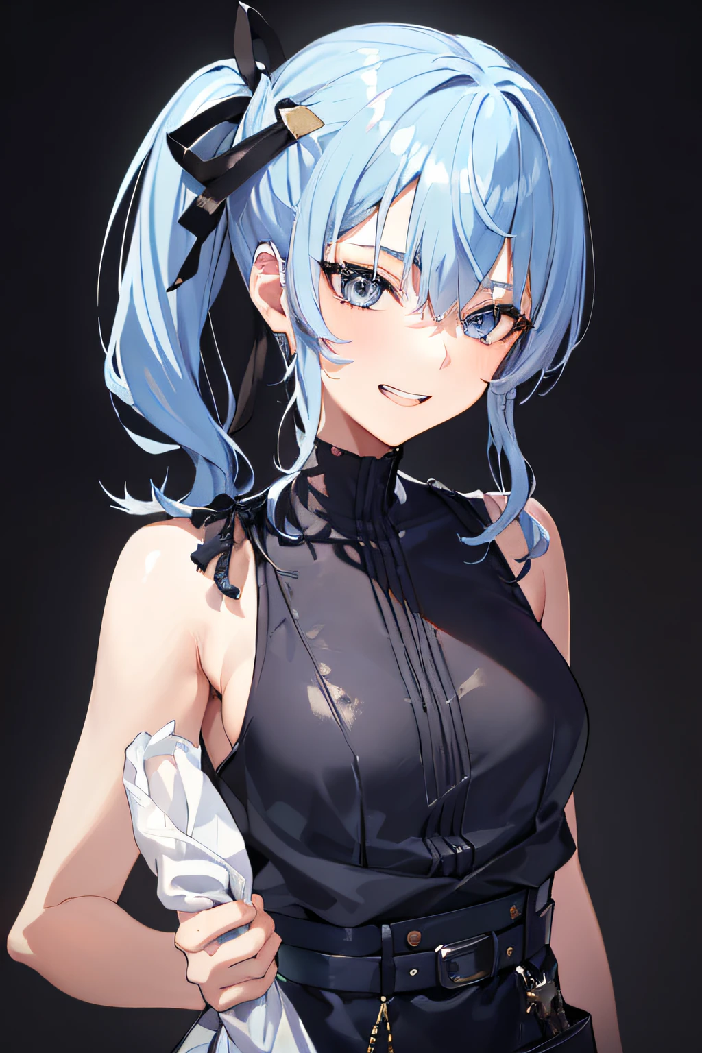 a 20 yo woman, blonde, (hi-top fade:1.3), dark theme, soothing tones, muted colors, high contrast, (natural skin texture, hyperrealism, soft light, sharp),((HoshimachiSuisei, side ponytail, blue hair ribbon, smile, teeth))