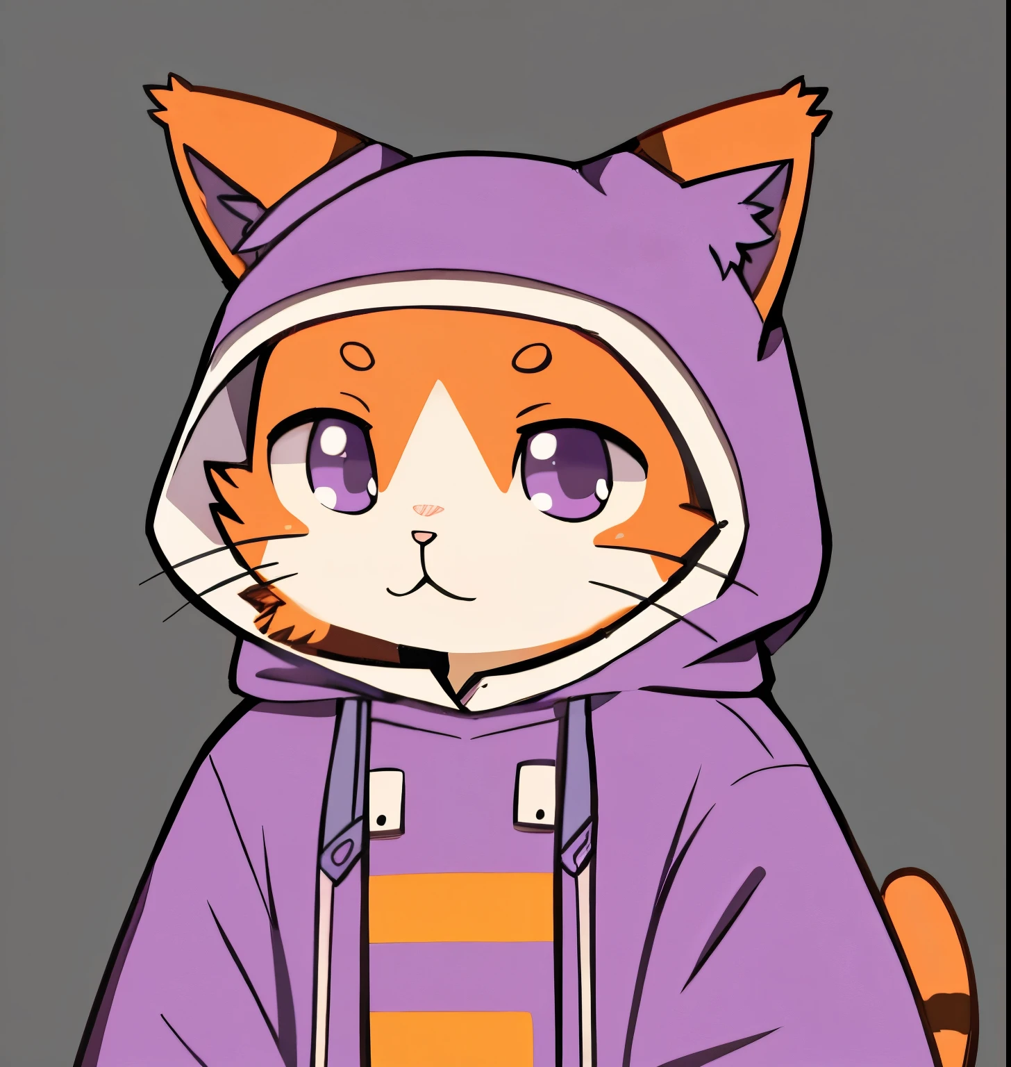 Wearing a purple raincoat、Cartoon cat with two ears, Orange cat, orange cat wearing raincoat, Illustration of a cat, orange cat, Wearing a bunny suit,cat design, digitally colored, Kawaii cat,