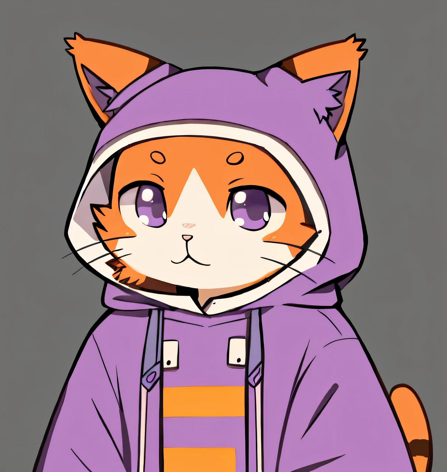 Wearing a purple raincoat、Cartoon cat with two ears, Orange cat, Orange cat wearing raincoat, Illustration of a cat, Orange cat, Wearing a bunny suit,cat design, digitally colored, Kawaii cat,