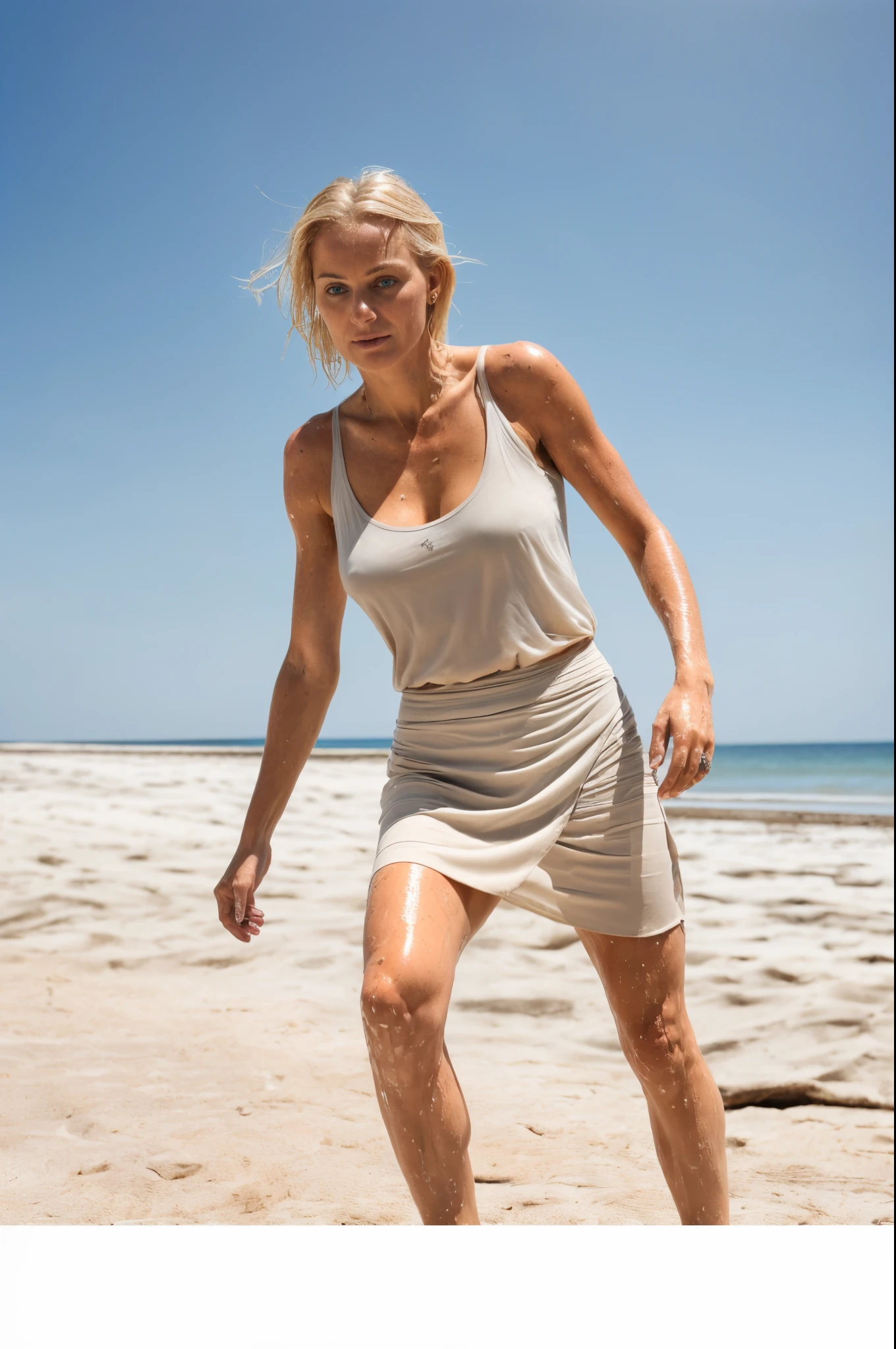(random photograph of  a  35 yo sexy blonde german  lady)  ( full body shot,random shot, (extremely hot woman , gorgeous face, hot lady,  buttery skin, transparent  color tank top, skirt, solo, straight wet hair , no makeup, sexualized  expression, passionate eyes, bad girl vibe, seductive pose) sweaty,  Tall woman, walking on a  beachside streets ) (insanely realistic detailed skin texture, detailed face) [depth of fields] ((perfect body parts, (hyper photorealistic), bright natural light, (low contrast) 85mm, 100mm lens ))