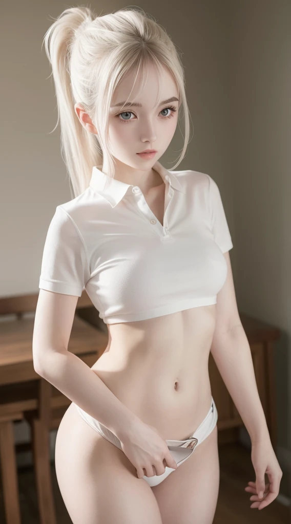 A beautiful woman standing, wearing polo, pale skin, smooth pale skin, perfect body, perfect fitness, detailed body, white hair, ponytail hair, cute face
