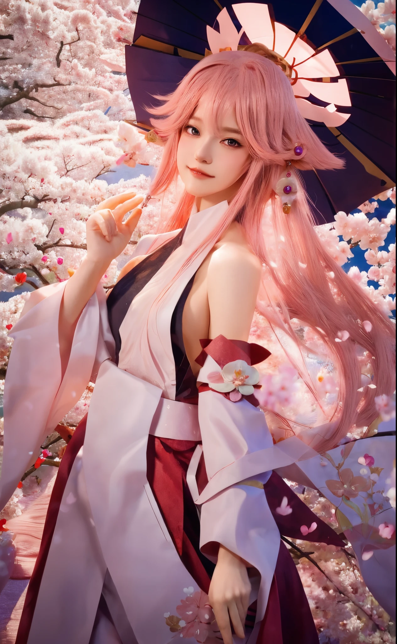 Anime manga girl，pink hair and black umbrella，Wear pink and white, onmyoji detailed art, best anime 4k konachan wallpapers, Sakura petals surround her, sakura haruno, Starting from the night of the ark, onmyoji, flowing sakura-colored silk, onmyoji portrait, Detailed anime artwork, 《First God》Ke Qingyu, beautiful anime artwork