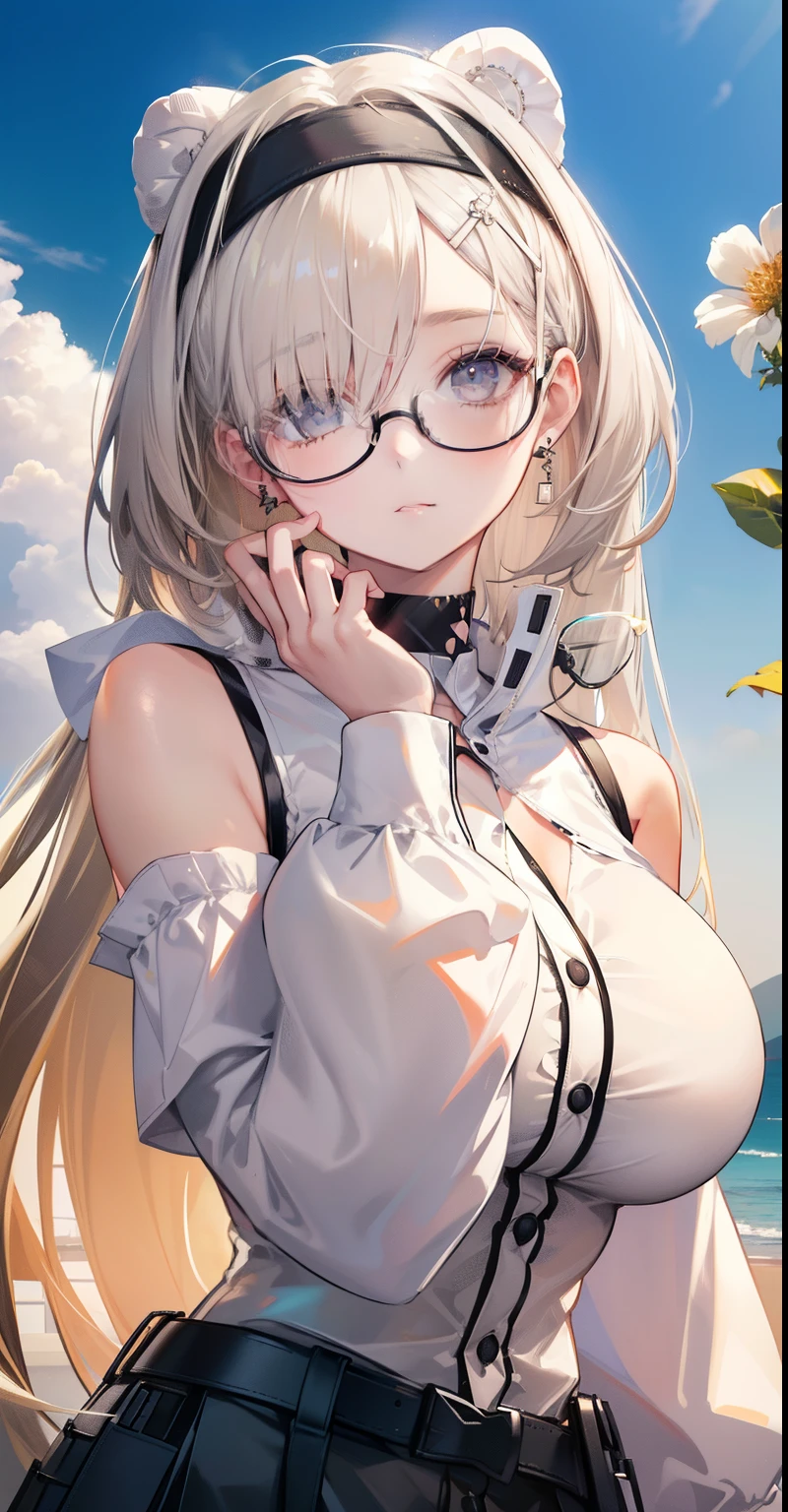 best quality, ultra high res, (photorealistic: 1.4), 1woman, white sleeveless button-down shirt, black skirt, black choker, ((glasses)), (Kpop idol), (salt aegyo: 1), (gray blonde hair platinum:1), ((puffy eyes)), looking at viewer, full body, flowers