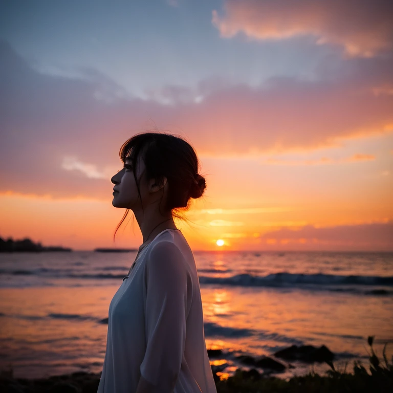 cute girl and sunset