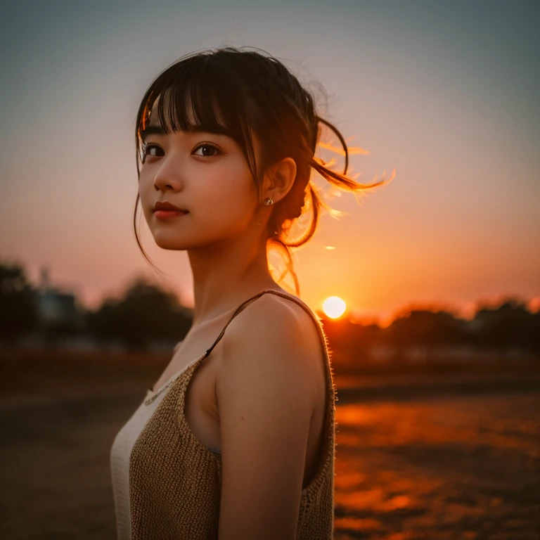 cute girl and sunset
