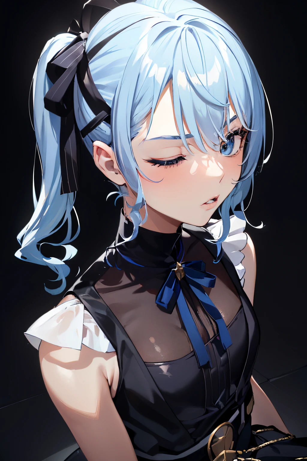 a 20 yo woman, blonde, (hi-top fade:1.3), dark theme, soothing tones, muted colors, high contrast, (natural skin texture, hyperrealism, soft light, sharp),((HoshimachiSuisei, side ponytail, blue hair ribbon, kiss face, eyes closed))