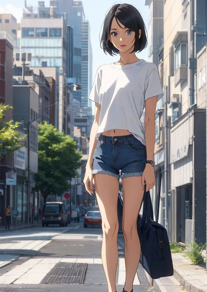 1girl, short black hair, blue eyes, wearing plain white shirt, denim shorts, city, absurdres looking at viewer