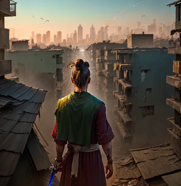 A guy with drak green monk out fit , messy man bun, dark slum to rich city side , lurking from the edge of a roof, facing to the city, holding two bloody blades in two hands