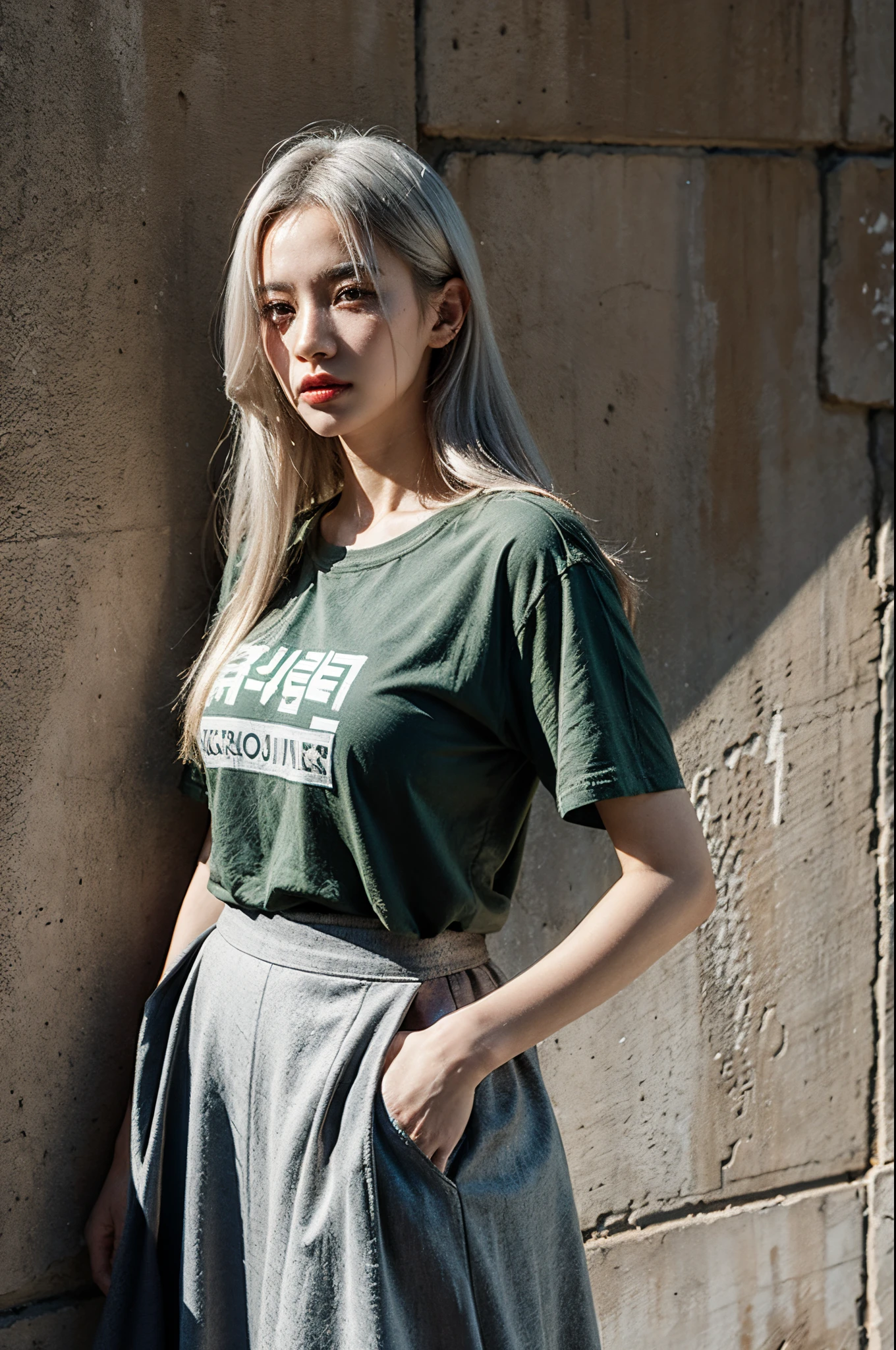 Upper body close-up, cyberpunk city, a girl standing in front of a wall with newspaper on the wall, silver hair, long hair, facial focus, black eyes, witty and beautiful facial features, green print t-shirt, apricot skirt, split long skirt, embroidery pattern, dynamic pose, HDR, detailed details, fashion, cinematic light, detailed clothing texture, game CG, bright art style, real shadows