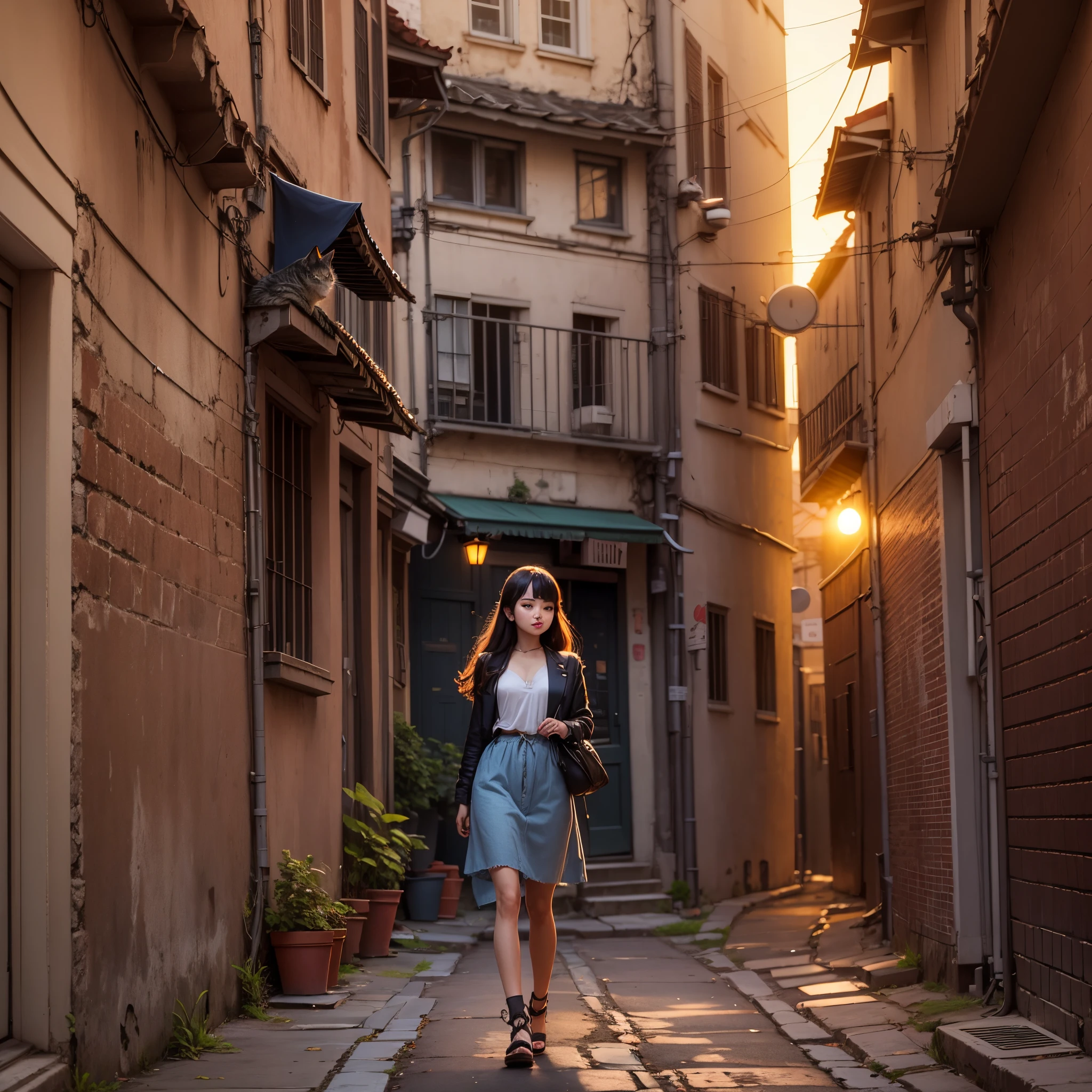 Old city alleys in the sunset, cute cat, beautiful woman dazzling --auto --s2
