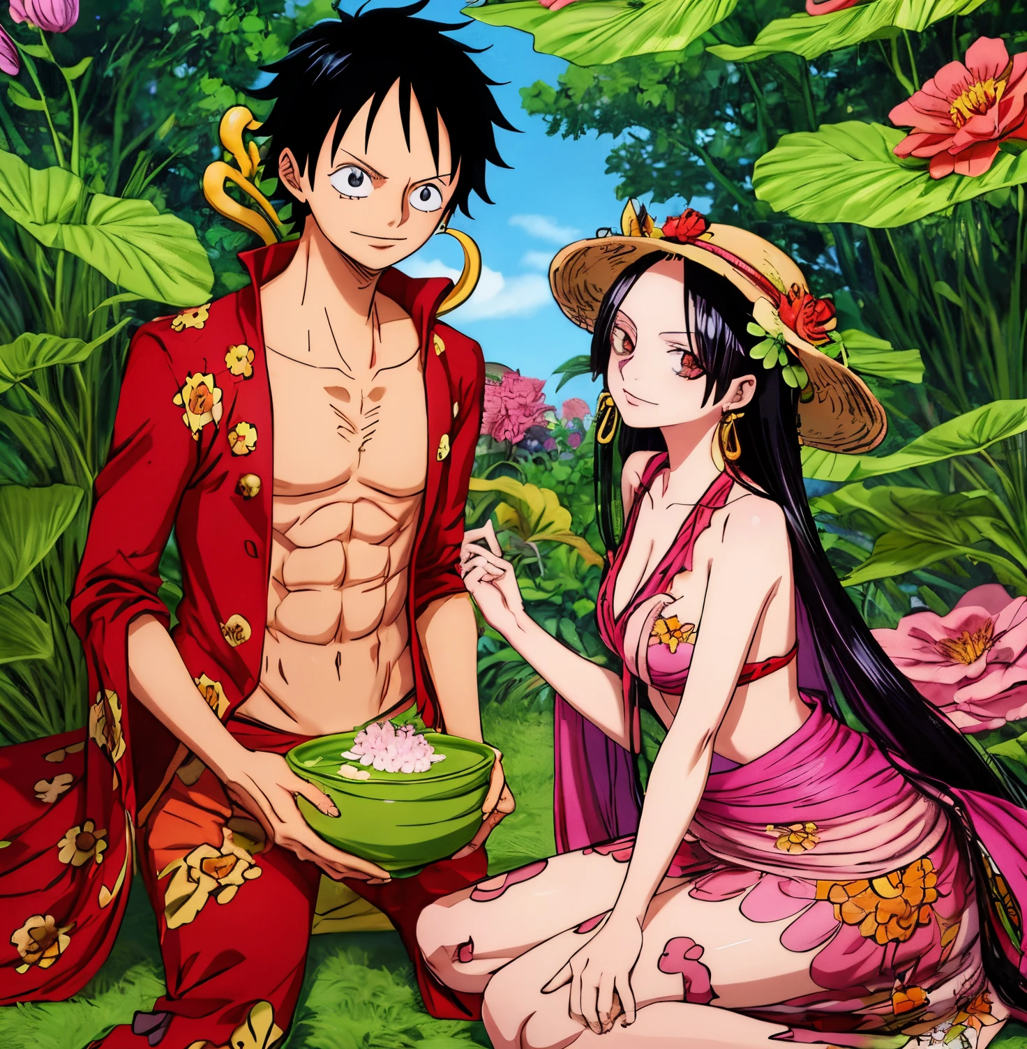 anime couple in a field of flowers overgrown with flowers, official fanart, loputyn and matcha, monkey d Luffy, boa Hancock, onepiece beautiful anime art style, beautiful anime, 4 k manga wallpaper, high quality anime artstyle,