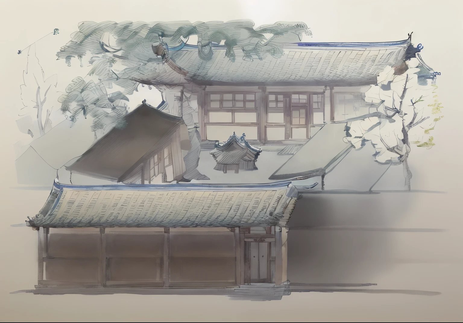 A picture of a house with a roof and trees, Chinese architecture, traditional drawing style, Clean ink detailed line drawing, Chinese Ancient Architecture, architectural illustration, architecture drawing, z style art work.Show on the. to the, traditional japanese concept art, Inspired by Dong Qichang, inspired by Dong Yuan, line art, Chinese brush illustration