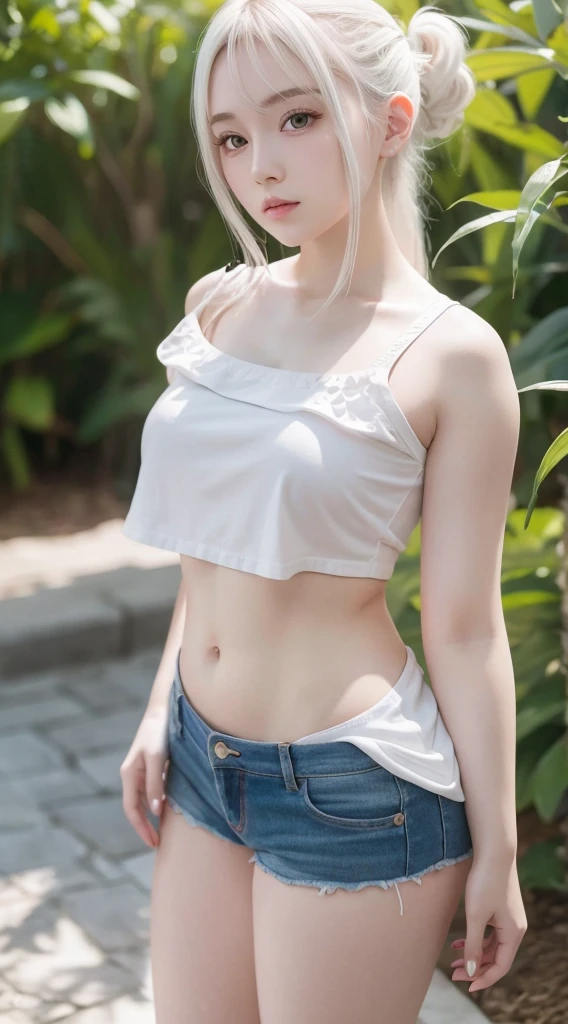 A beautiful woman standing, wearing short shorts, pale skin, smooth pale skin, perfect body, detailed body, white hair, ponytail hair, cute face, chubby girl, high quality, HD, 4k