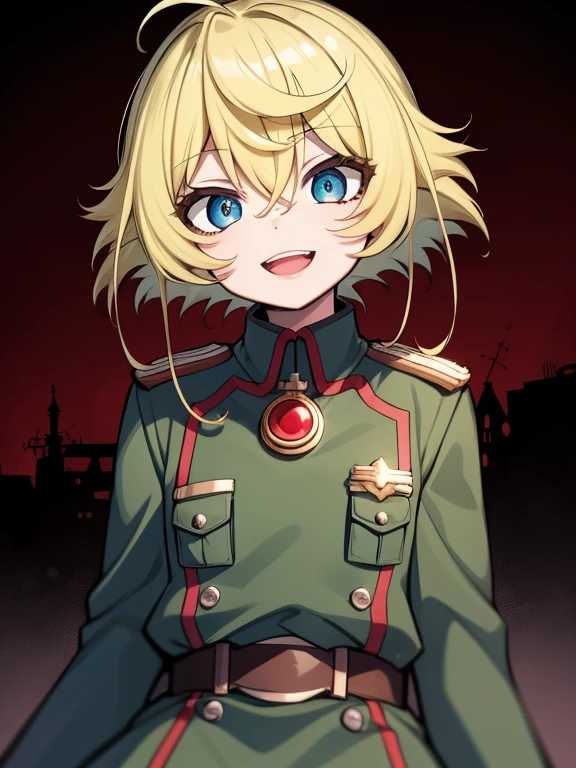 Tanya Degurechaff, Military Uniform, evil smile, short stature, Killer eyes, psycho eyes, battlefield
