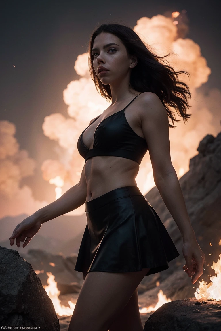 (tmasterpiece, high qulity, Best quality at best, offcial art, Beauty and aesthetics:1.2),(theelementoffire:1.4),(1 young woman:1.6,,(Scarlett Johansson (Scarlett Johansson)Play)),Composed of fire elements,Highly realistic,transparency,Sci-fi lighting effects,a skirt,火焰,climaxing,(Realistic:1.4),RAW photogr,Vibrant colors,Flow and movement。standing on top of a mountain,der riese,Sexy gesture,The barefoot,without wearing shoes,Deep background,marvelous and unbelievable,Epic work,(Complicated details,hyper-detailing:1.2),art stations,(tmasterpiece,Best quality)ultra-realistic realism, cel shadow, anaglyph, stereograms, angle of view, 电影灯光, 8K, super detailing, acurate, Best quality at best, A high resolution, Award-Awarded, Correct anatomy,delicated face,