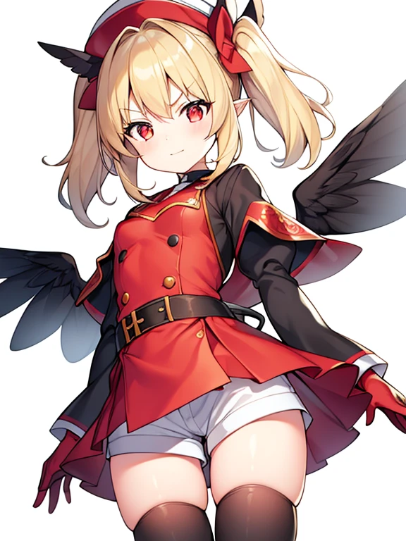 klee,GenshinImpact,a blond,Low twintail,Red Eyes,cabbie hat,White shorts,Long sleeves,pointy ear,Red dress,backpack,red headwear,Brown gloves, glazed,GenshinImpact, Pretty Cure Style,1 girl,Small breasts,Dress, Kyoto Animation Style, lovelive! Style,1 girl,Small breasts,Idol, breasts, focus on girl, Standing, Petite, girl,Woman,Female, Little,child,10 years old, Medium Hair, hime-cut, Bangs, Hair pulled back, Short ponytail, side locks, aqua hair, Two-tone hair, Shiny hair, Ahoge, The girl looked disgusted, Smile, v shaped_eyebrows, lovely big eyes, , Delicate arm and hands, Human Hands, Medium_breasts, zettai_ryouiki, Green eyes, Authentic skin texture, Bow knot, beautiful hair decoration, Red and black wings, gloves, food, uniform, Black_Shirt, Black_Skirt, 鎖骨, Thigh_the gap, animal_print, Blonde clothes, Transparent_Background, white_Background, white_Background, Reference Sheet, extremely detailed CG unity 8k,