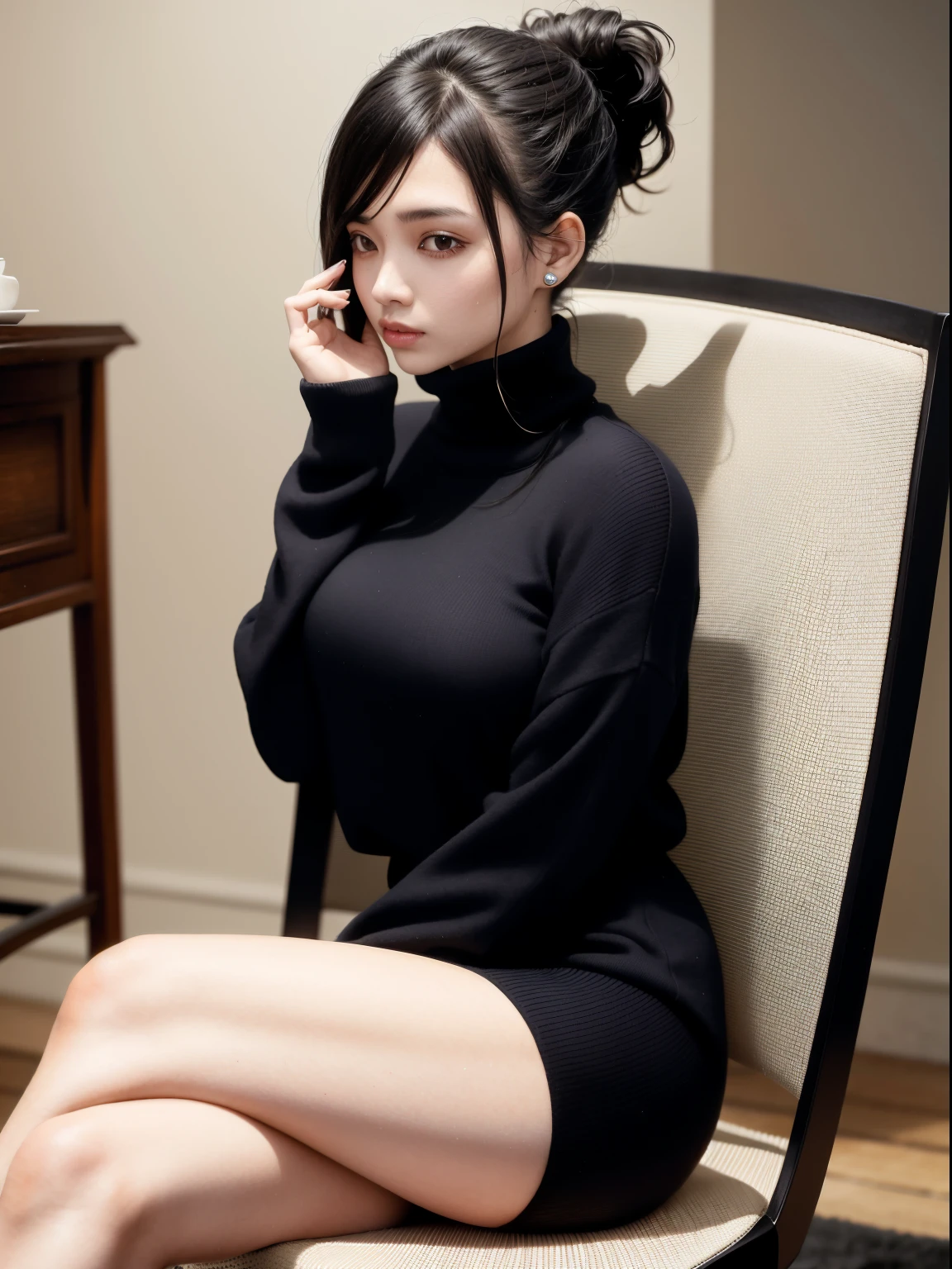 1 girl, non-makeup, realistic, 8K, solo, 20 years old, detailed face, non-makeup, snug, detailed eyes, double, brown eyes, fair skin, bob, short hair, smile, neat, calm, mature, black hair, slender, big, long legs, model figure, tall, beautiful, face length, indoors, sitting on the sofa, Japan, Korean, beautiful girl, glasses, tight, tight black knit, Accentuated body line, holding a book with both hands, breast shape clear, detailed local, sheer, highest quality, sensual, lustrous, lustrous, glossy skin