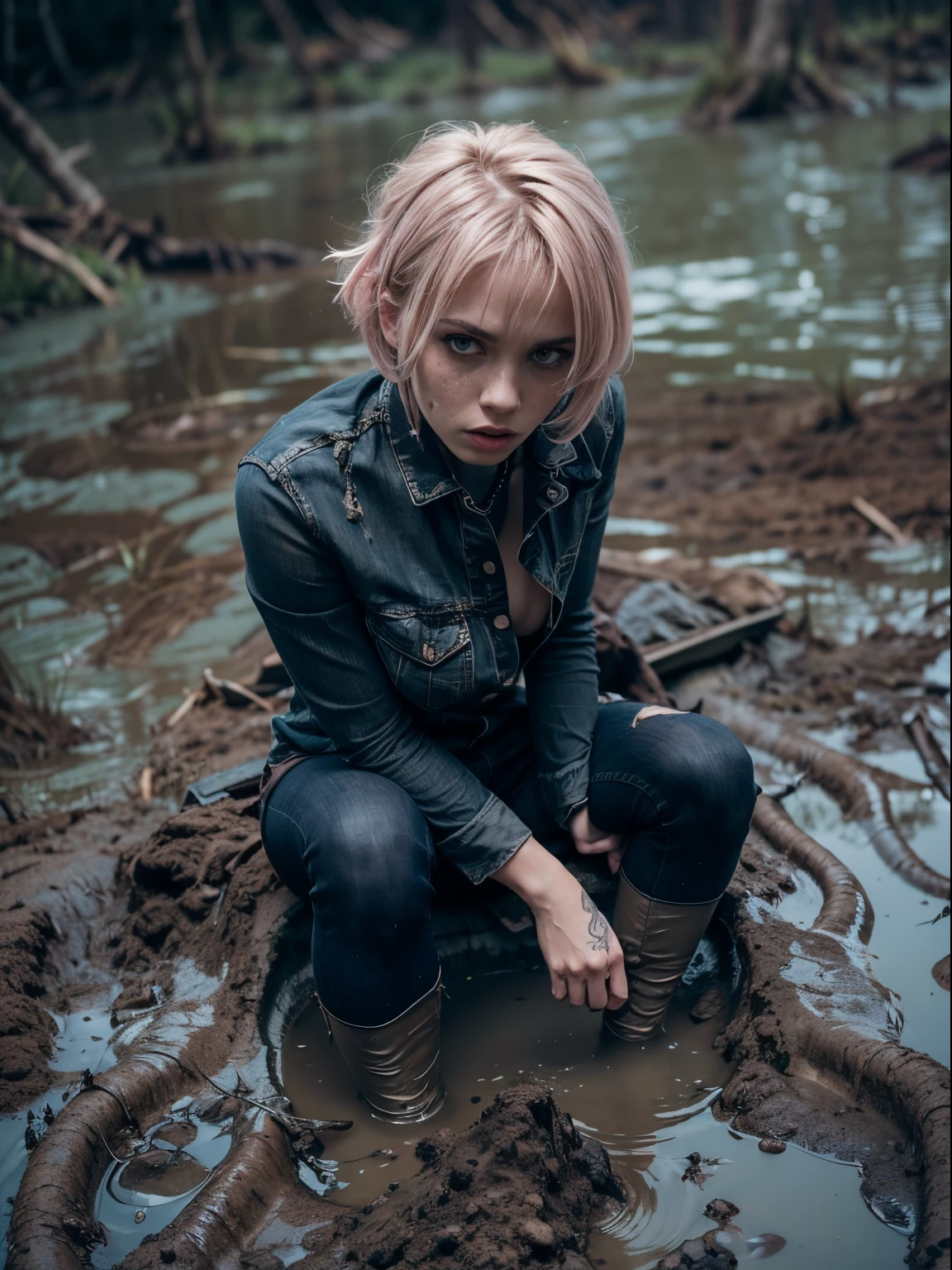 (Best Quality,hight resolution,Masterpiece, Overhead view:1.20),Ultra-detailed,Wide jeans,sickly,drowning in a swamp, fetish, overcomes shame:1.3, (at the bottom of a mud pit:1.3),gloomy ecstasy,fetish,dark gloomy atmosphere,gritty texture,melancholic expression on his face,mysterious aura,foggy background,Subtle color palette,provocative pose,Strong emotions,Coming Out of the Depths of Despair,Piercing gaze,intense shadows,Plunged in Darkness,Rugged terrain,ominous vibe,A supernatural sensation,asymmetrical bangs, freckles, pink short hair, Bangs, freckles, gray eyes,