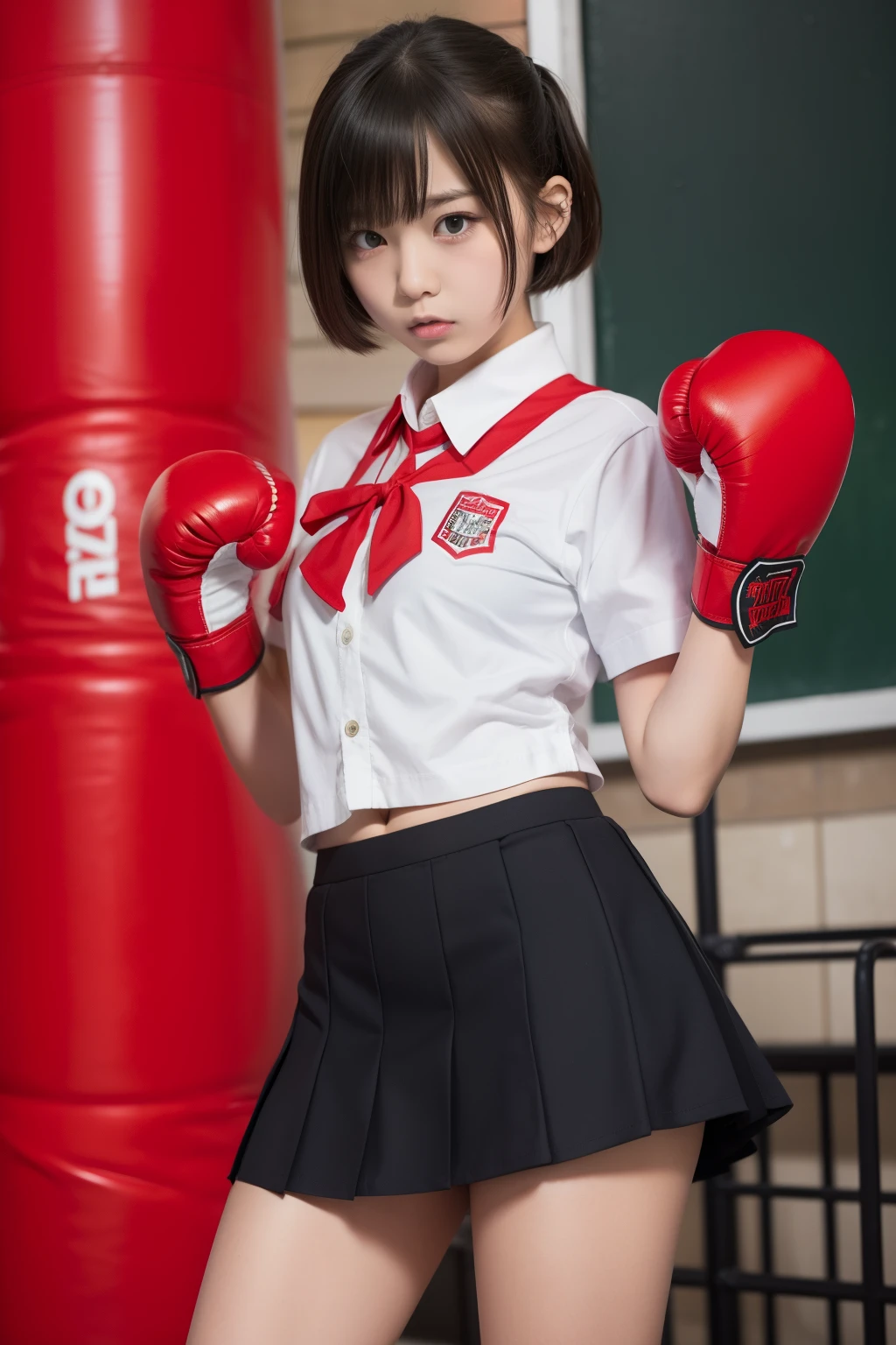 hi-school girl、full body Esbian、Miniskirt school uniform、short-hair、angry、Wearing red boxing gloves、Punching