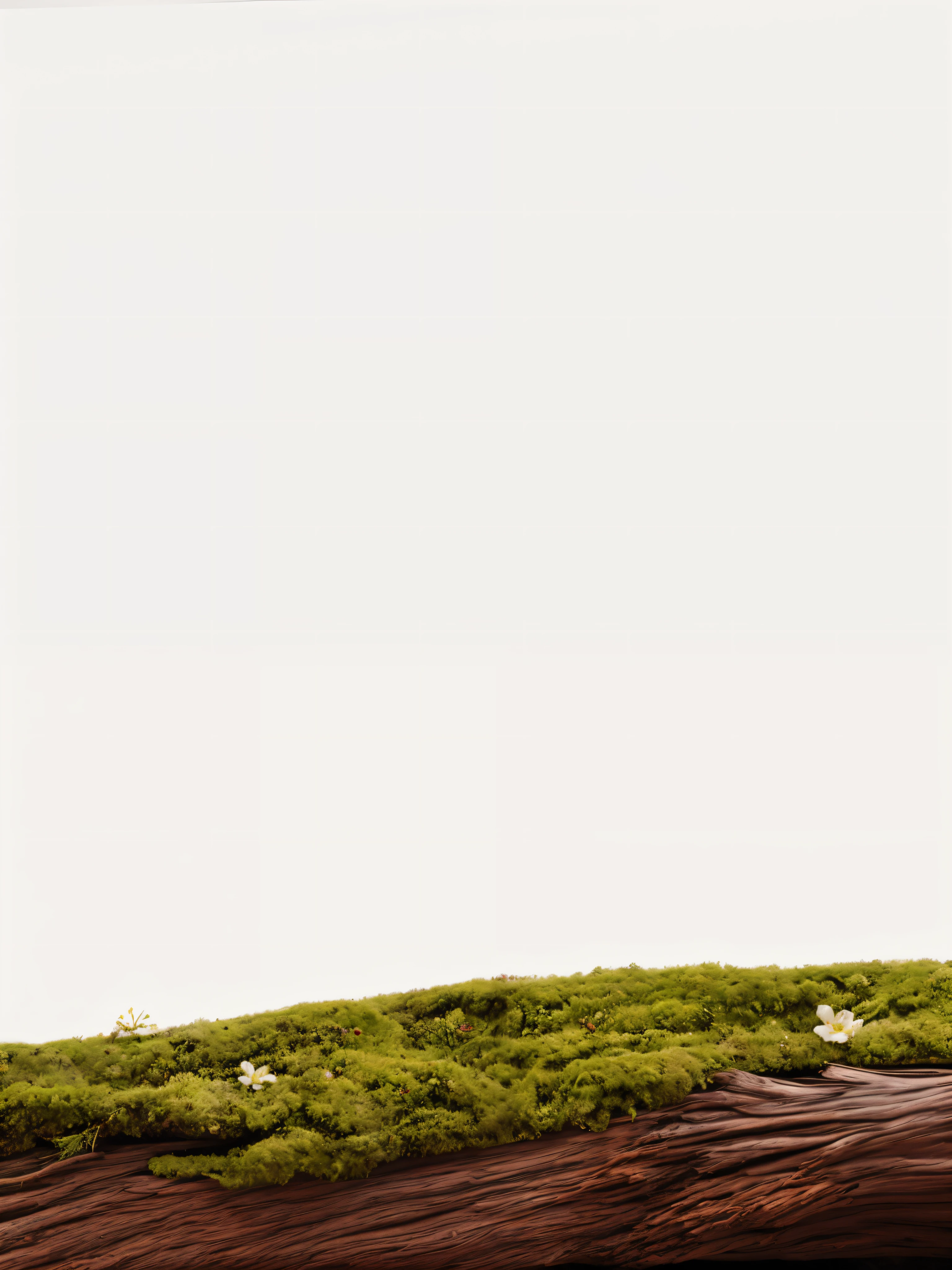 on the log, moss landscape, moss and flowers,  , Overgrown, mossy, beautiful landscape rendering, woody bryophytes, movie poster with no text, Green mountains and green water scenery, distant village background,Jasmine petals