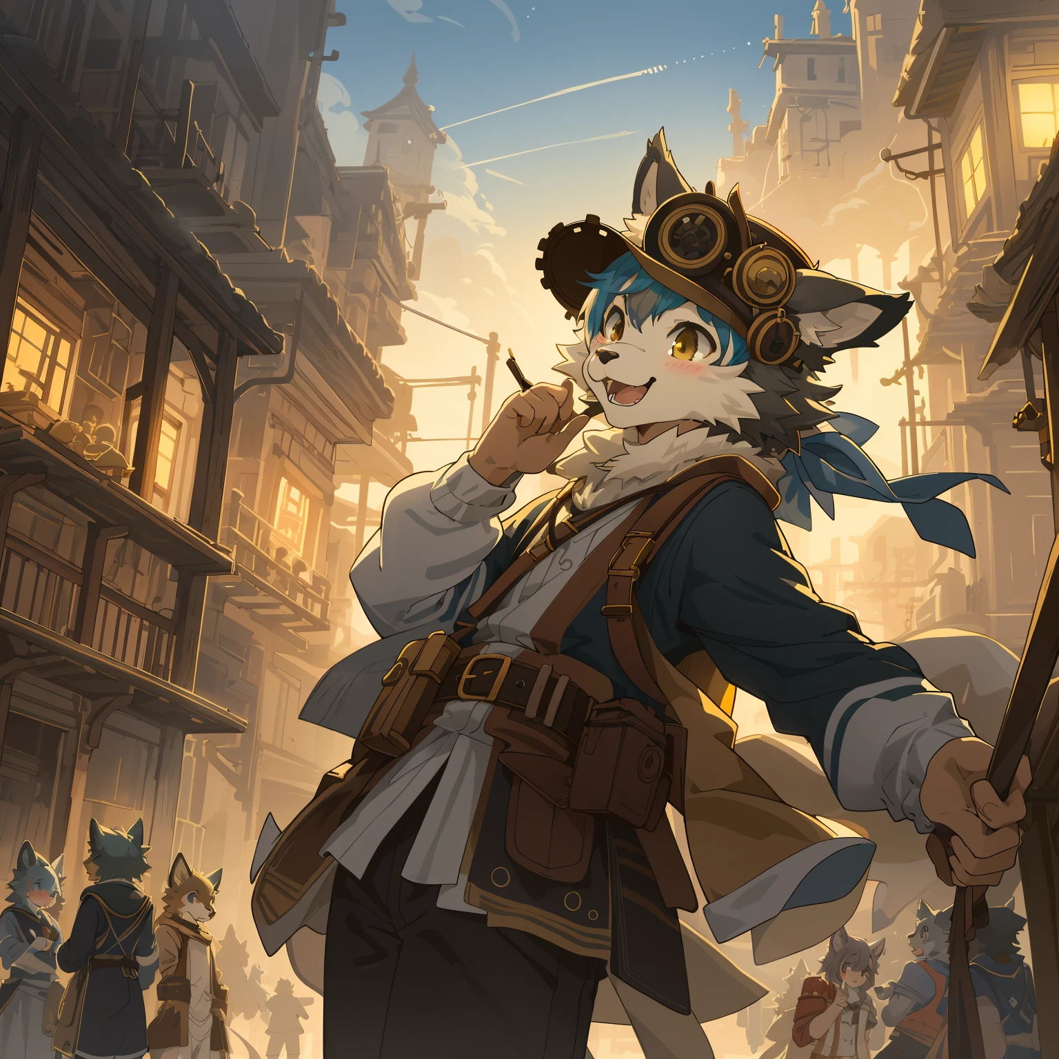 cover_page, highres, top quality, best quality, paid reward available, High-quality illustrations, unparalleled masterpiece, perfect artwork, absurdres, super high resolution, detailed background, Steam punk, Beautiful World Heritage, 6+boys, 6+girls, Happy, joyful(Photos of solo travelers)(kemono, furry anthro)cinematic lighting, dynamic angle,