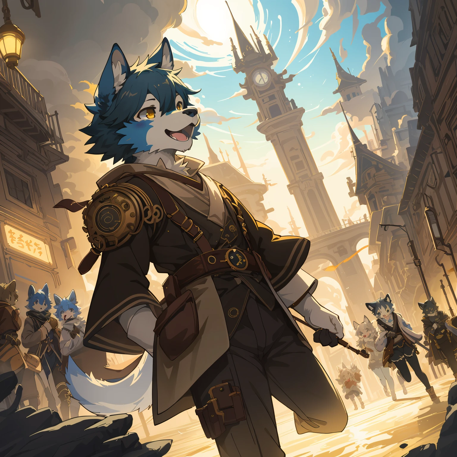 cover_page, highres, top quality, best quality, paid reward available, High-quality illustrations, unparalleled masterpiece, perfect artwork, absurdres, super high resolution, detailed background, Steam punk, Beautiful World Heritage, 6+boys, 6+girls, Happy, joyful(Photos of solo travelers)(kemono, furry anthro)cinematic lighting, dynamic angle,