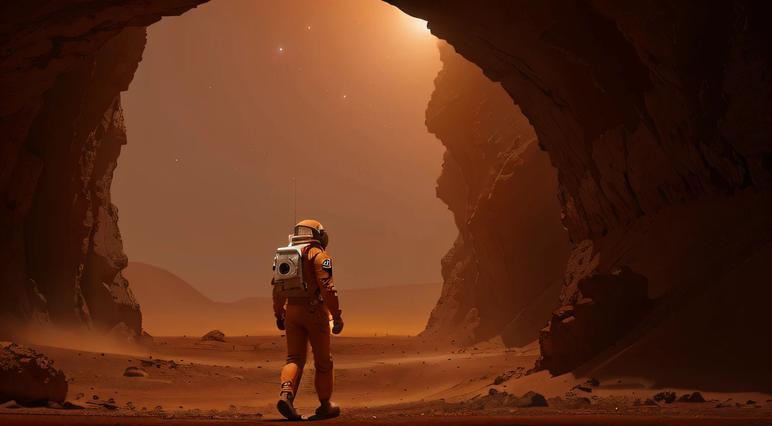 An orange suited astronaut walking on a red and dusty planet, stars in the background, sand storm