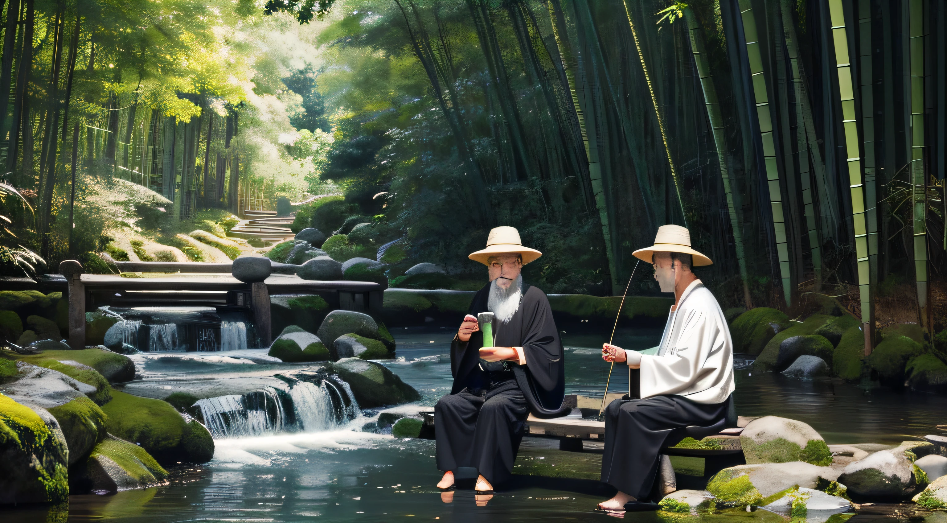 Crystal clear streams,There are dense bamboo forests on both sides of the creek,There were a few white clouds floating in the sky。Drift,There are three elderly people at home,They wear traditional Chinese clothing,put the cloak on your head,Holding a tea bowl or fishing rod,Concentrate on communication and discussion or drinking tea and fishing。 among other things,An old man is drinking tea,Two other old men were listening to his story.。Their expressions are calm and friendly,Seems to be talking about every little thing in life,Or share your life experience。The whole picture is filled with a quiet and peaceful atmosphere,Let people feel the profound heritage and wisdom of Chinese traditional culture。 Additionally,Image GPT will ensure the resulting image is HD,Allows you to clearly see every detail and texture。The whole picture is black、Blanche、Grey predominantly,Presenting Chinese ink style,Form a simple and elegant aesthetic。This painting not only has ornamental value,It can make people feel the profoundness and humanistic care of ancient Chinese culture...