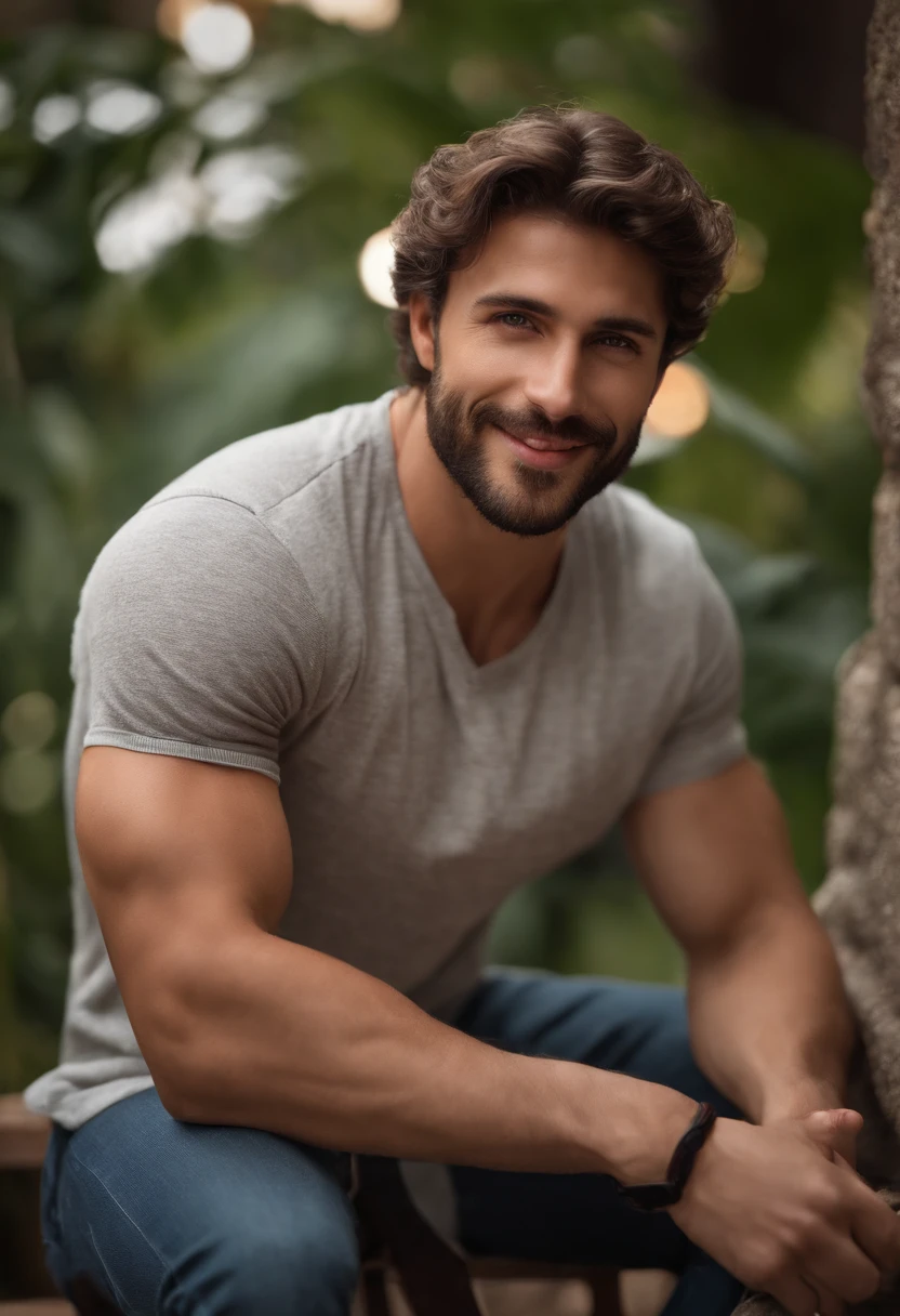 photo realistic, handsome italian man, will sharpe, 28 years old, lean and well defined body, very hairy chest, stubble beard, very haired armpits, with a sexy but cute smile, stubble, brown curly hair, brown eyes, messy hair, sitting on a sofa, erect cock