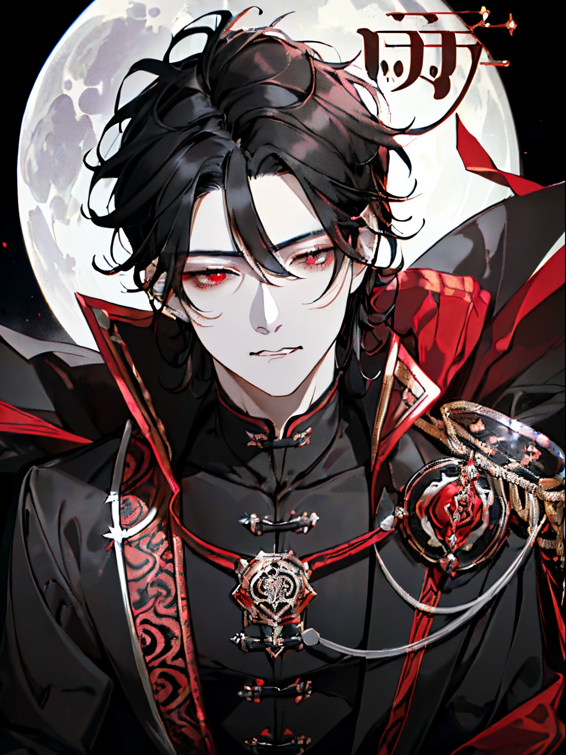 ((Black hair)),((curly fluffy hair)),(()),((pale red eyes)),(double sleeve long sleeve clothes),((())),((Black leather corset)),((Luxury costume with plenty of volume like a prince)),((Feeling of fatigue and weakness)),Slight red tide,(Stare at me with your mouth open),(Vampires),((long fangs)),(Yodare),(Kamimei),(((Super close-up of the face))),((Cute mascot-like black creature)),(Extra large full moon night),((Sharp eye light)),((Snake-like eyes)),((Male in his mid-)),
