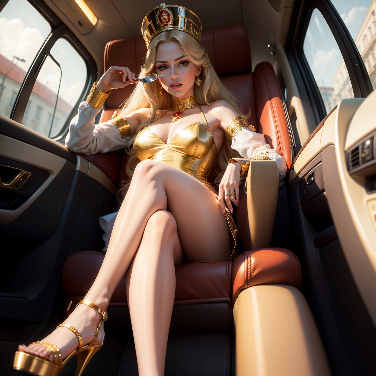 Soviet princess wears gold high-heeled sandals，Eating in a luxury car,raised head，stepping on nuclear fuel