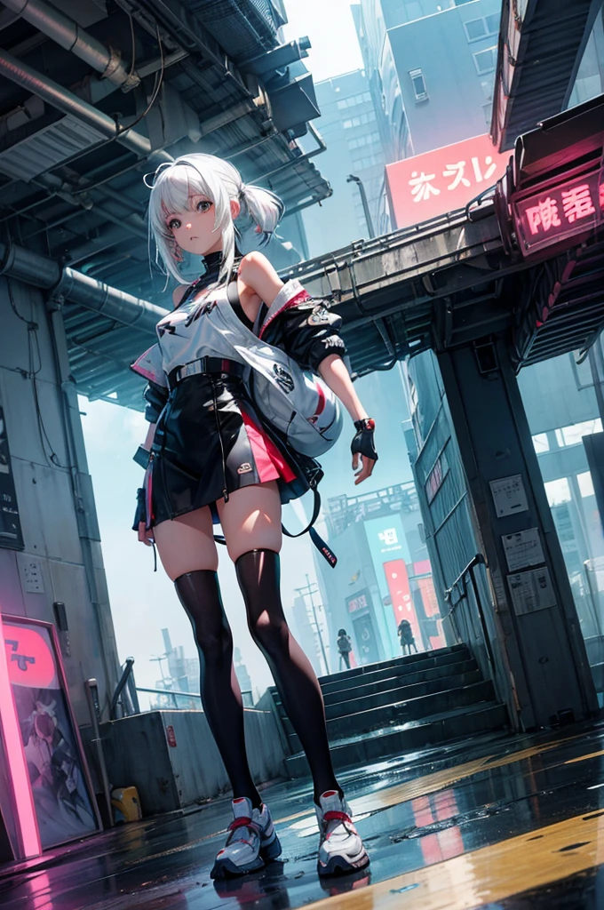 anime , a cyberpunk girl swmming at super high the oversea , more shake surround it,people close up , white hair ,sliver tone , , long exposure ,3d rendering , tracking shot , exaggerated fisheye perspective,-- no fish---niji5 ----s400