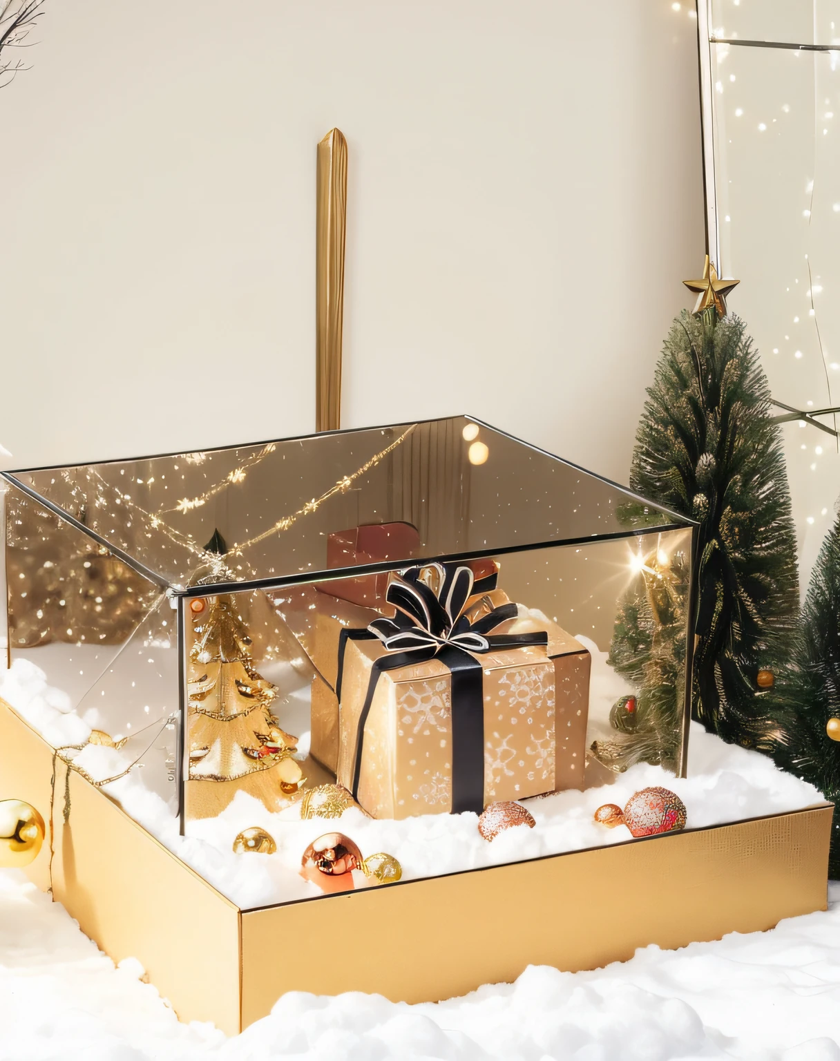 Gorgeous Christmas tree covered with decorations，Gift box，There are lights on the trees，lanterns，pompons，bigger christmas tree，Colored ball of light，There is snow on the ground，box glass，Clear pubic hair，photore，mirror surface，putting makeup on，Products in the box，Christmas gifts。
