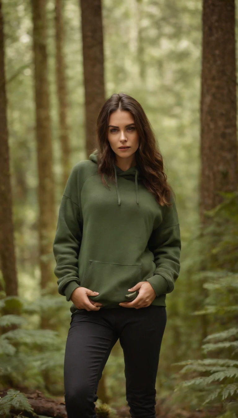 La misma modelo con una sudadera y pantalones cortos ajustados, forest