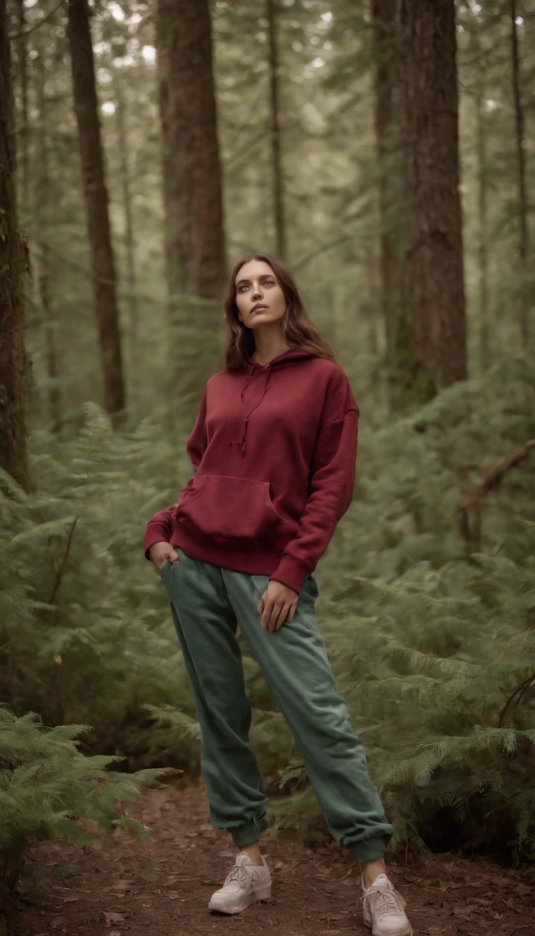 La misma modelo con una sudadera y pantalones cortos ajustados, forest
