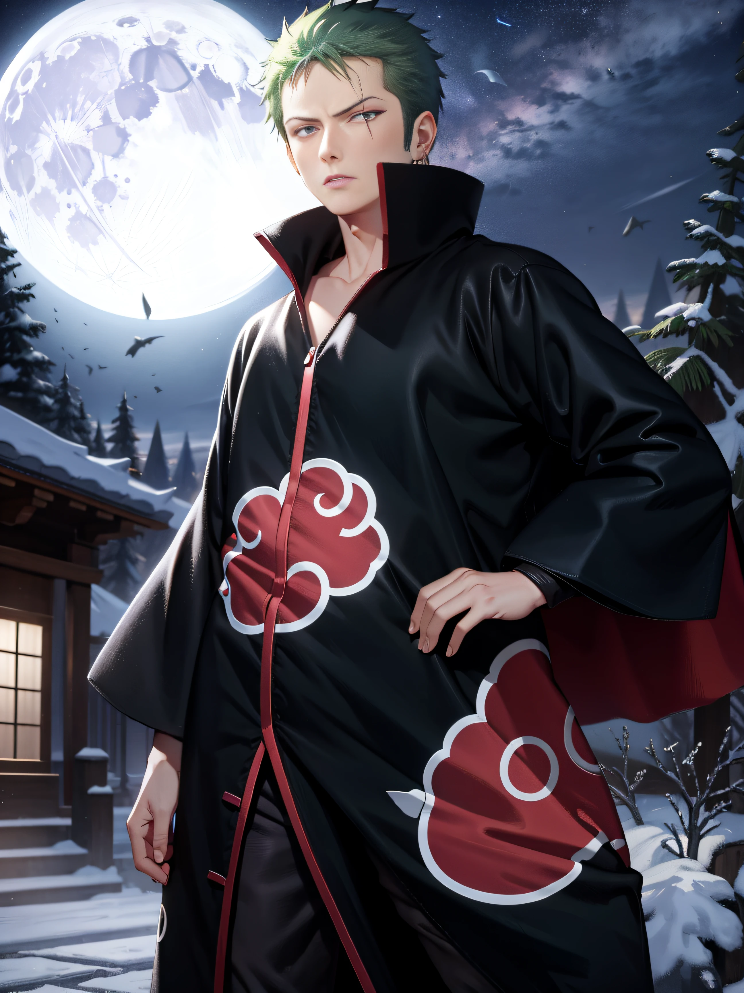 (masterpiece), (best quality), ultra high res, professional artwork, ultra detailed, intricate, detailed face, perfect lighting, 1boy, green hair, (purple eyes), AKATSUKI OUTFIT, ninja, black cloak, black coat, high collar, collarbone, head, night, night sky, crescent moon, red moon, outdoors, (cowboy shot, far shot), blunt bangs, Roronoa Zoro, Zoro,