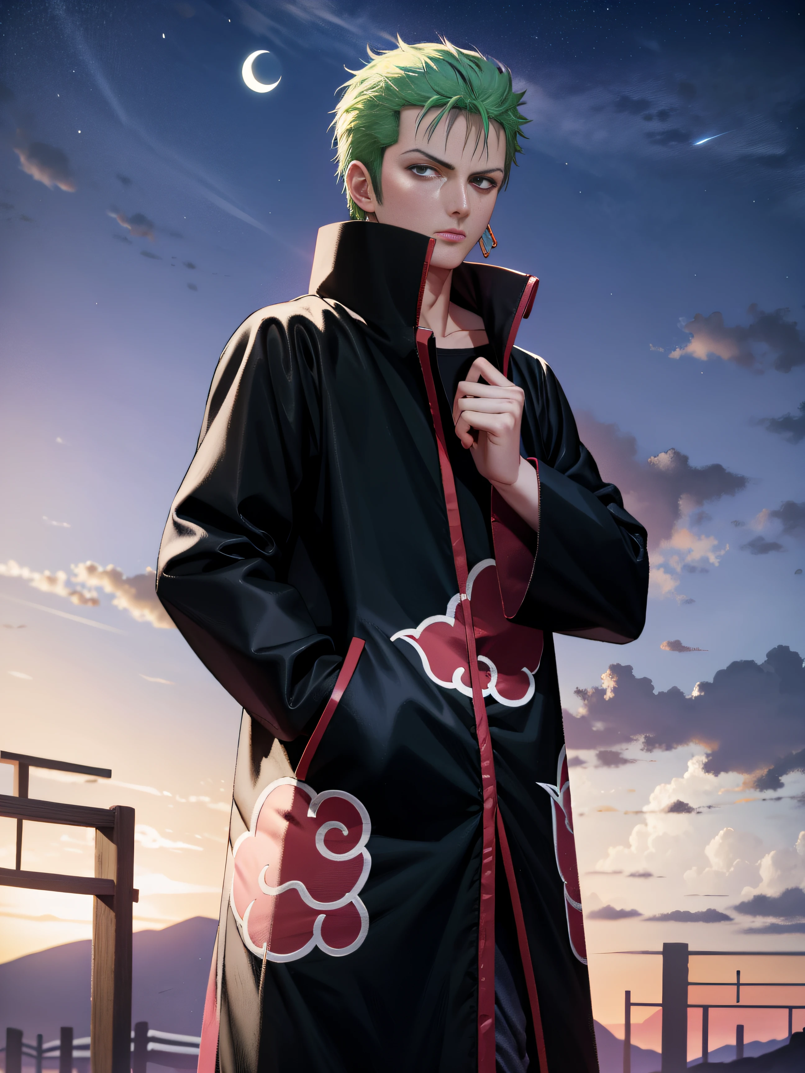 (masterpiece), (best quality), ultra high res, professional artwork, ultra detailed, intricate, detailed face, perfect lighting, 1boy, green hair, (purple eyes), AKATSUKI OUTFIT, ninja, black cloak, black coat, high collar, collarbone, head, night, night sky, crescent moon, red moon, outdoors, (cowboy shot, far shot), blunt bangs, Roronoa Zoro, Zoro,