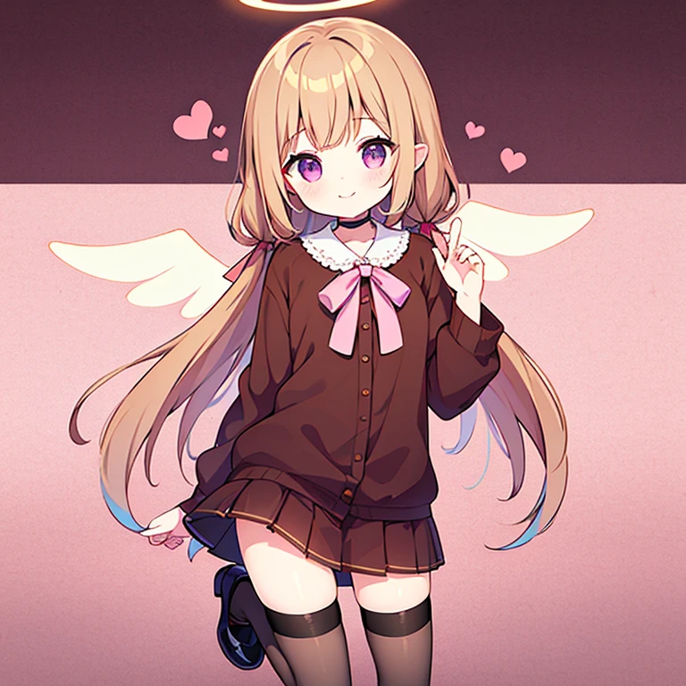 1girl, Angelic harpy girl, halo, white skin, brown curly hair, purple eyes, blouse, miniskirt, ribbon stockings, kitten heels, straight idle pose, smiling, bedroom, pink heart wallpaper, brown-gold color palette clothes.